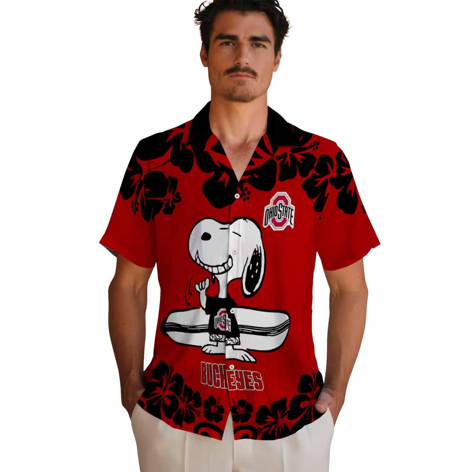 ohio state buckeyes snoopy surf scarlet white hawaiian shirt fashion forward