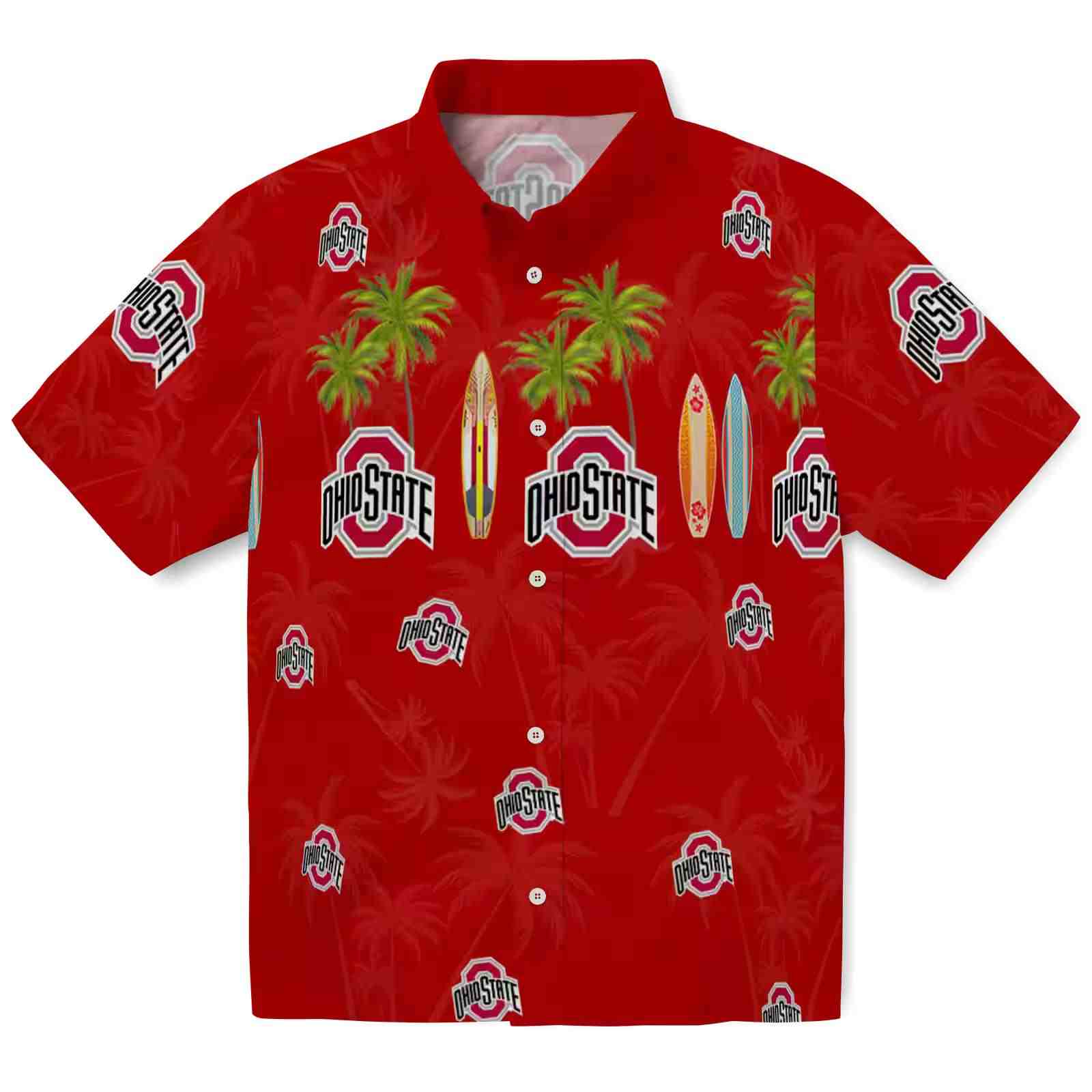 Ohio State Buckeyes Surfboard Palm Scarlet Hawaiian Shirt