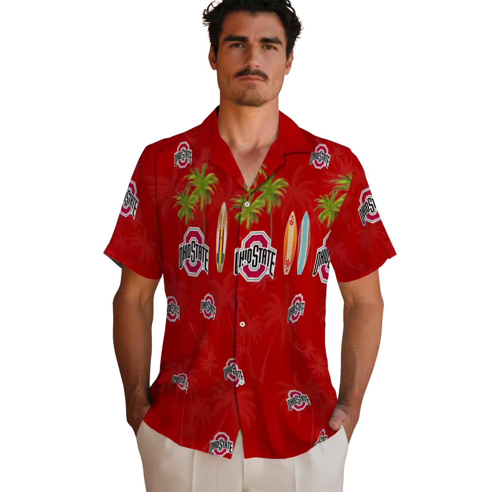 ohio state buckeyes surfboard palm scarlet hawaiian shirt fashion forward