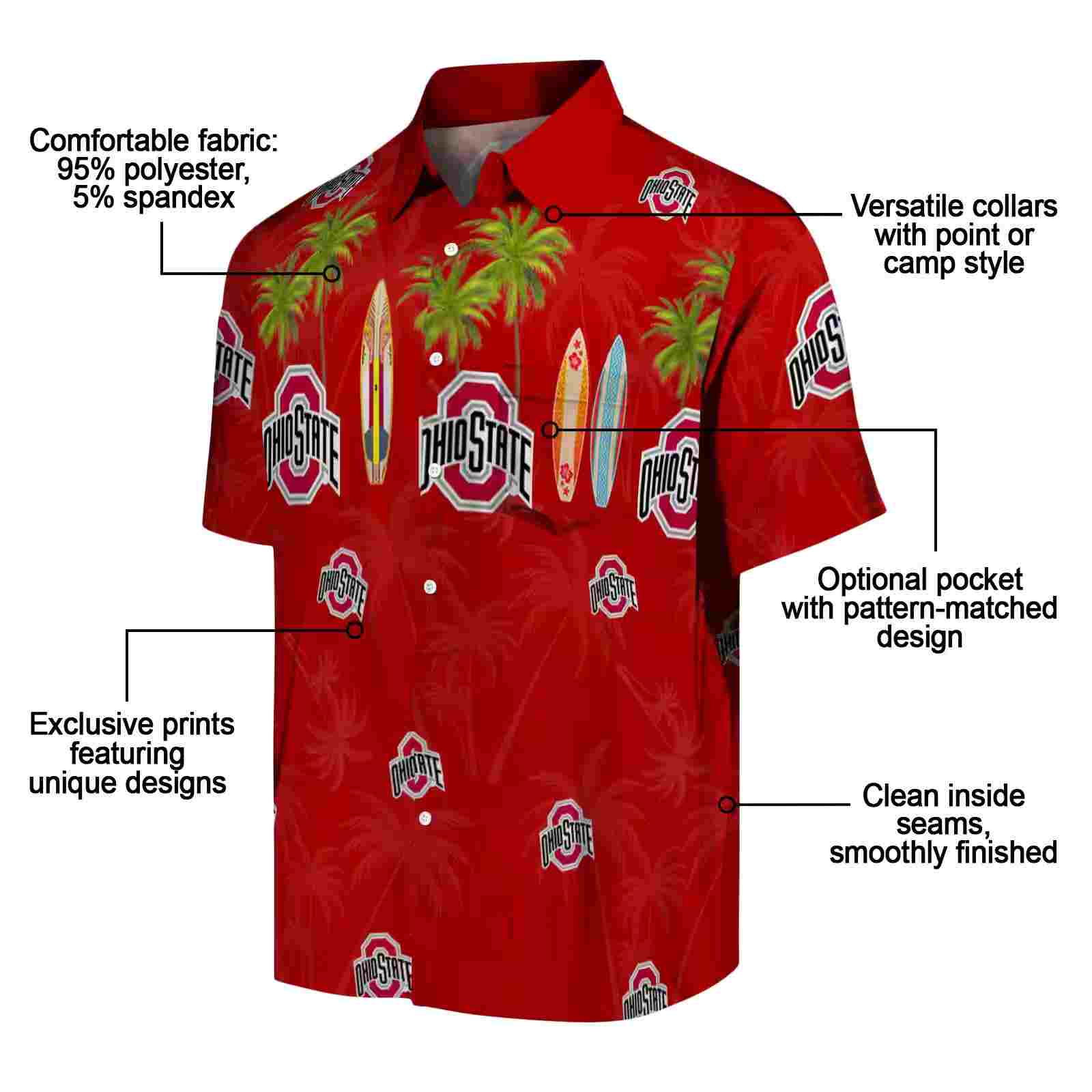 ohio state buckeyes surfboard palm scarlet hawaiian shirt new arrival