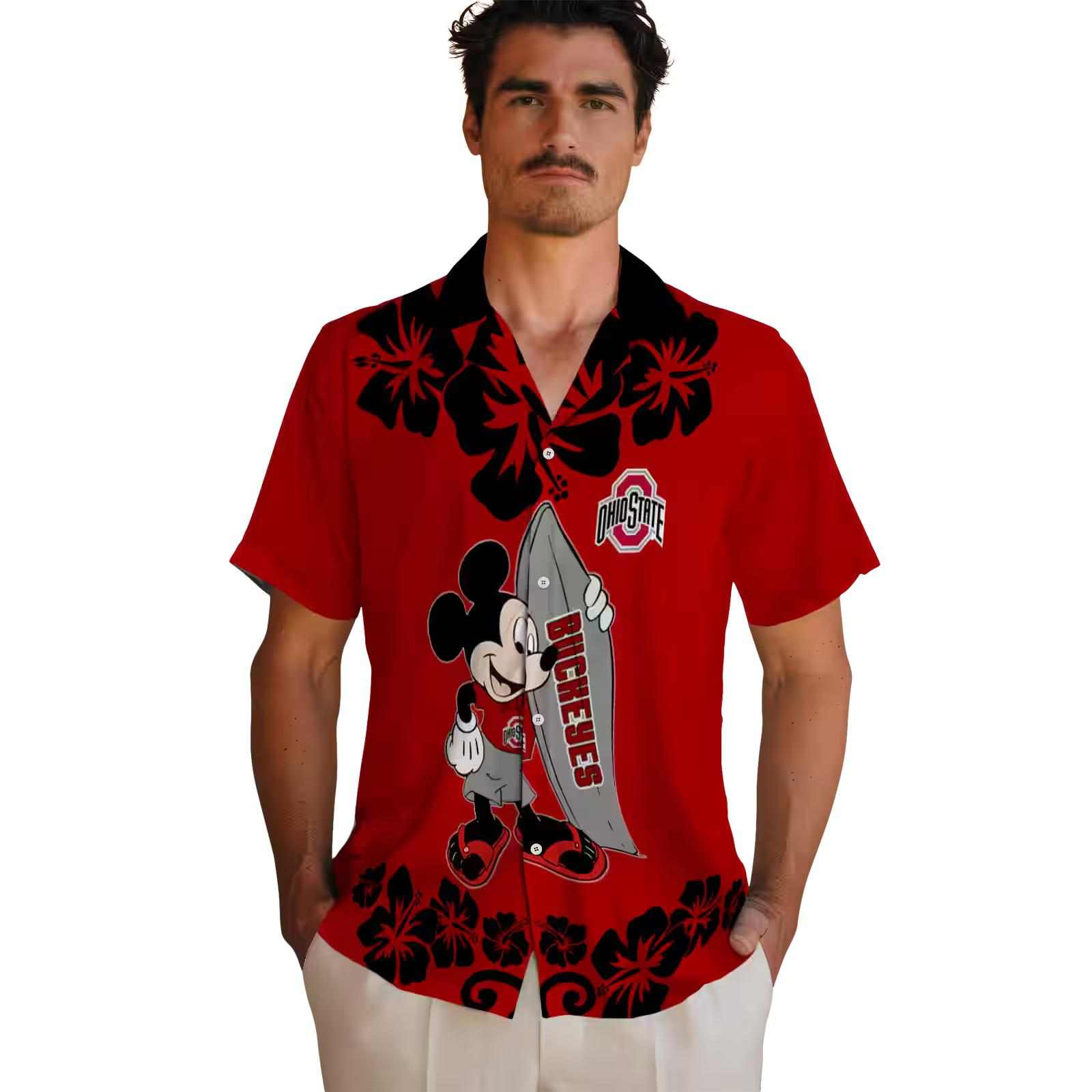 ohio state buckeyes surfing mickey scarlet hawaiian shirt fashion forward