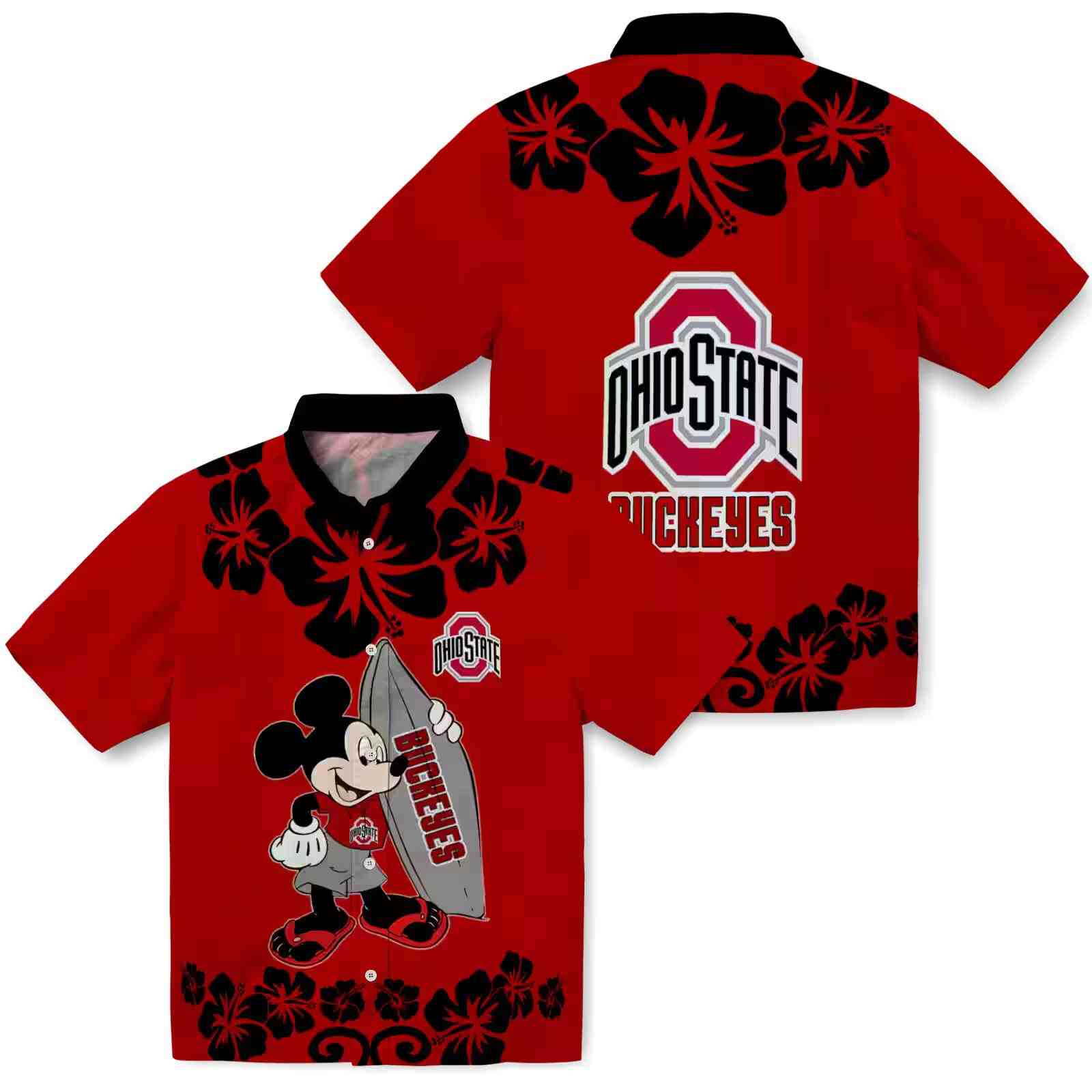 ohio state buckeyes surfing mickey scarlet hawaiian shirt high quality