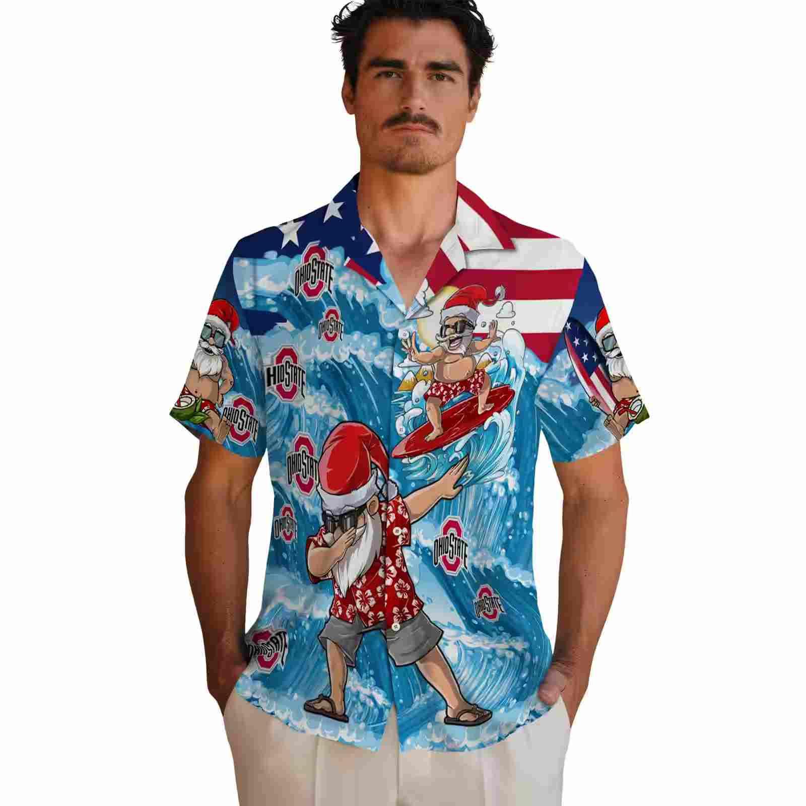 ohio state buckeyes surfing santa blue hawaiian shirt fashion forward