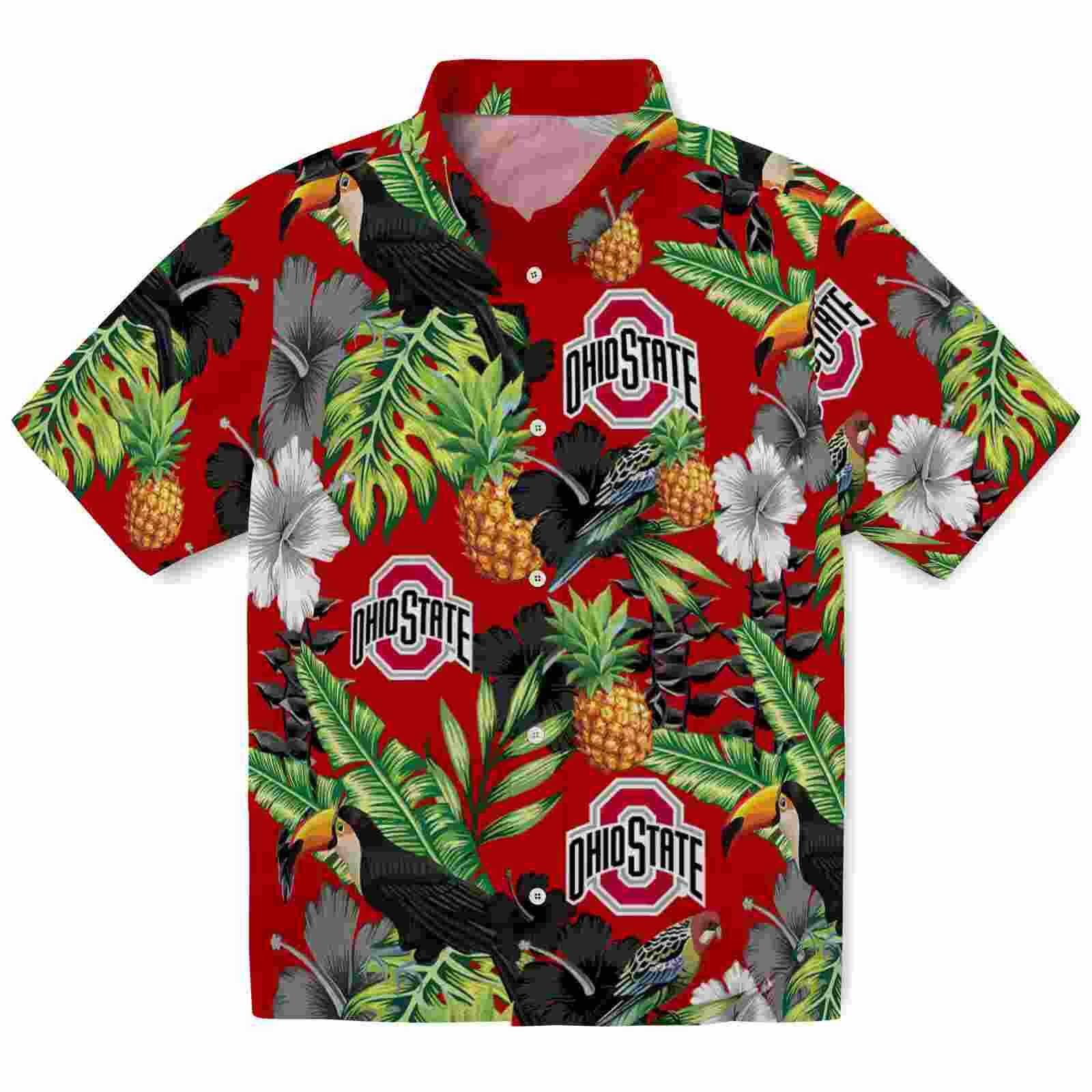 Ohio State Buckeyes Toucan Hibiscus Pineapple Scarlet Green Hawaiian Shirt