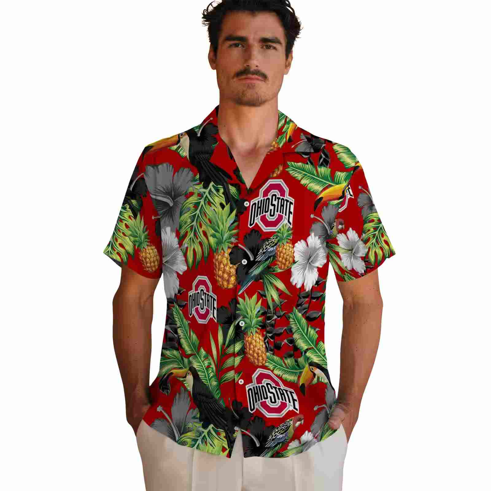 ohio state buckeyes toucan hibiscus pineapple scarlet green hawaiian shirt fashion forward