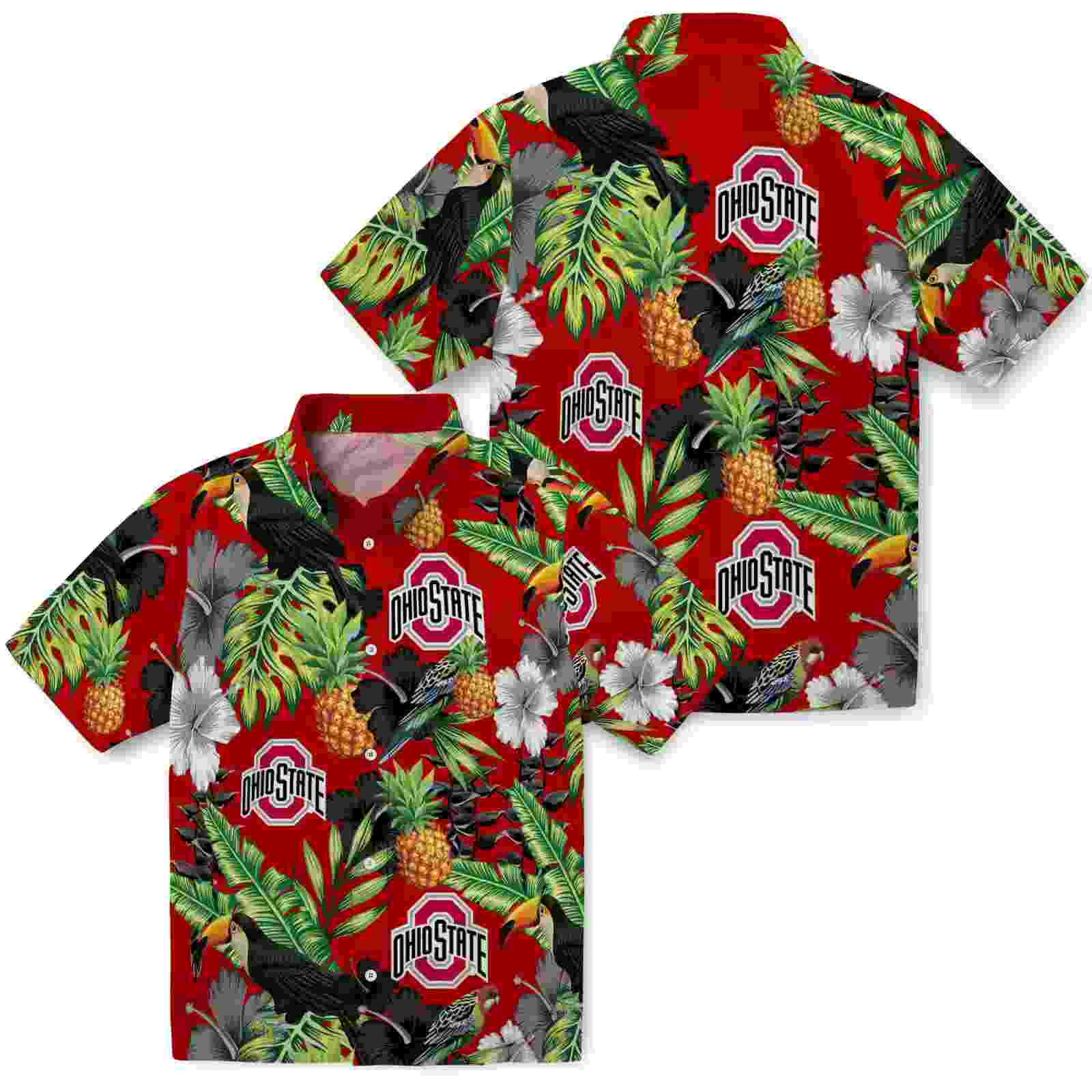 ohio state buckeyes toucan hibiscus pineapple scarlet green hawaiian shirt high quality