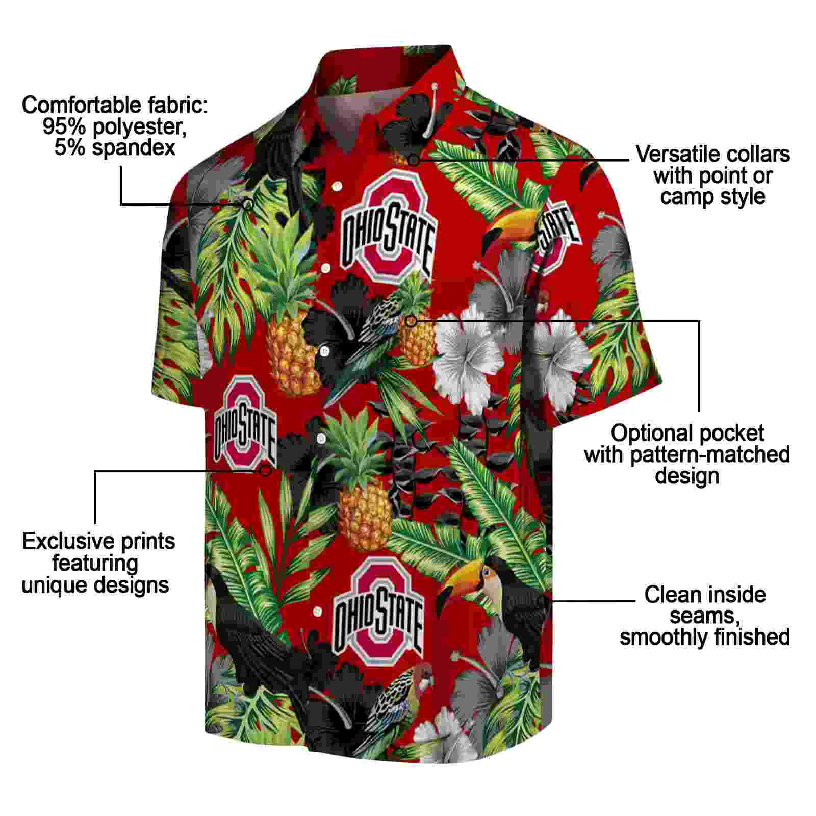 ohio state buckeyes toucan hibiscus pineapple scarlet green hawaiian shirt new arrival