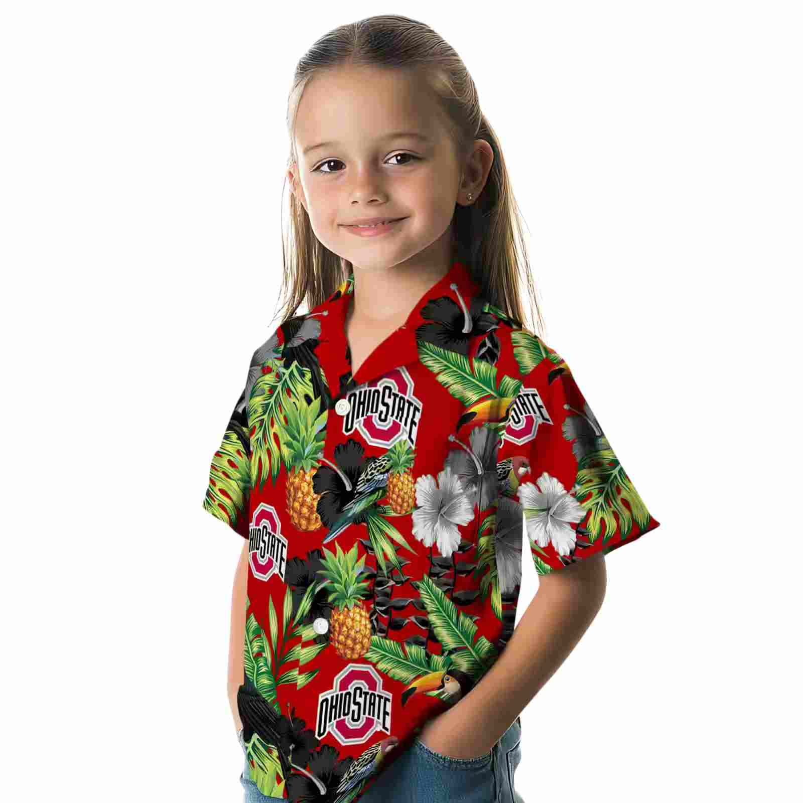 ohio state buckeyes toucan hibiscus pineapple scarlet green hawaiian shirt premium grade