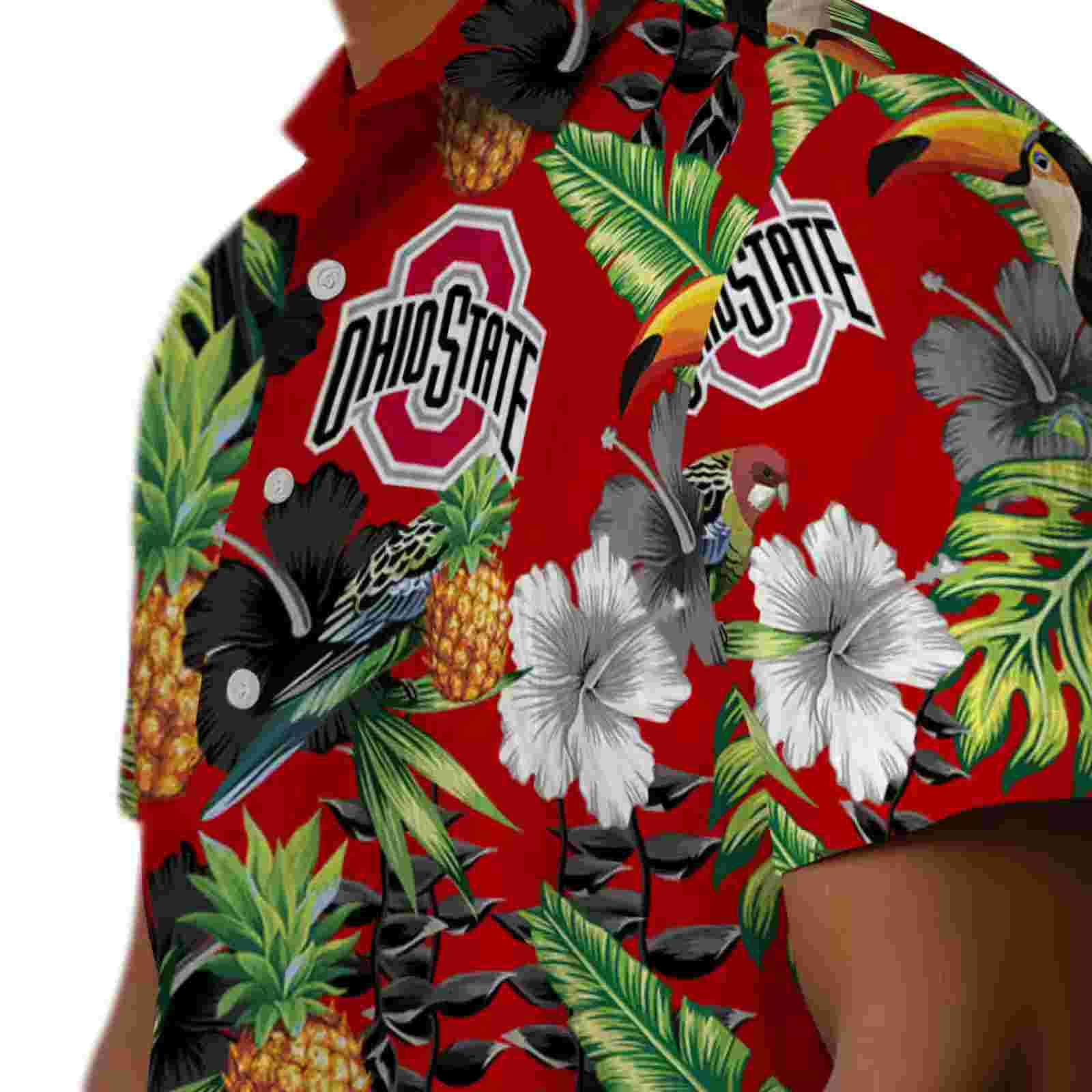 ohio state buckeyes toucan hibiscus pineapple scarlet green hawaiian shirt trendy