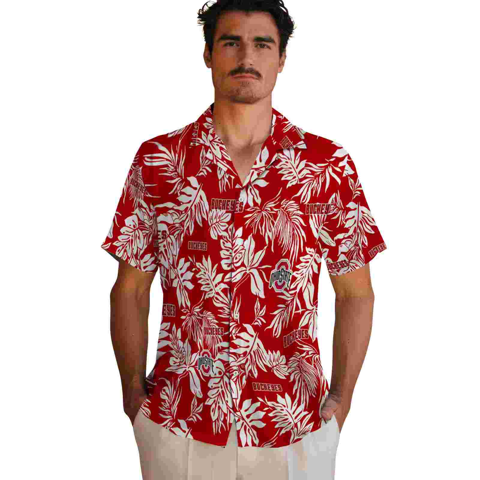 ohio state buckeyes tropical leaf scarlet white hawaiian shirt fashion forward