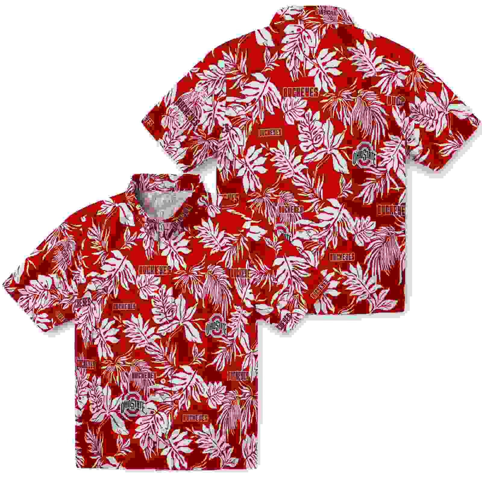 ohio state buckeyes tropical leaf scarlet white hawaiian shirt high quality