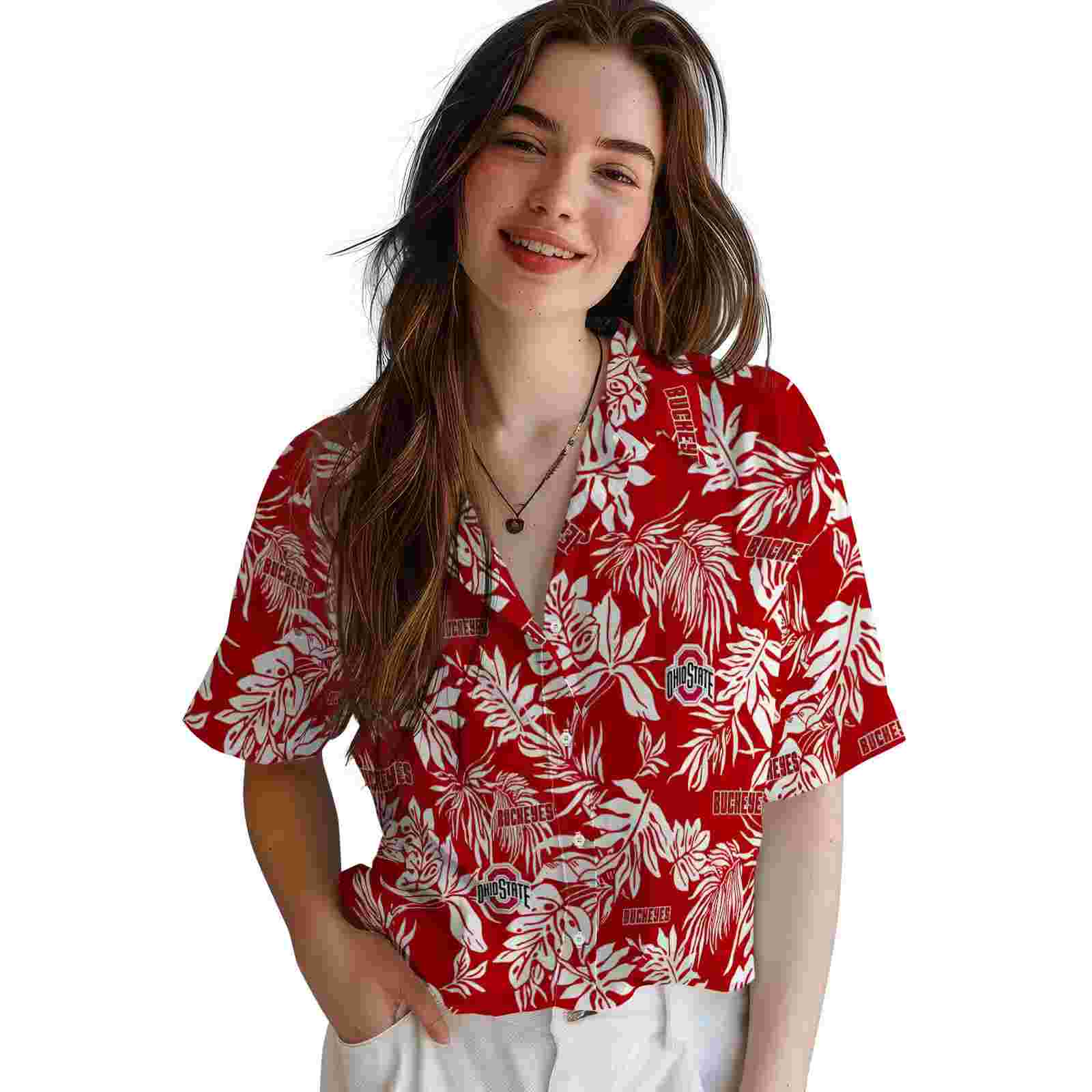 ohio state buckeyes tropical leaf scarlet white hawaiian shirt latest model