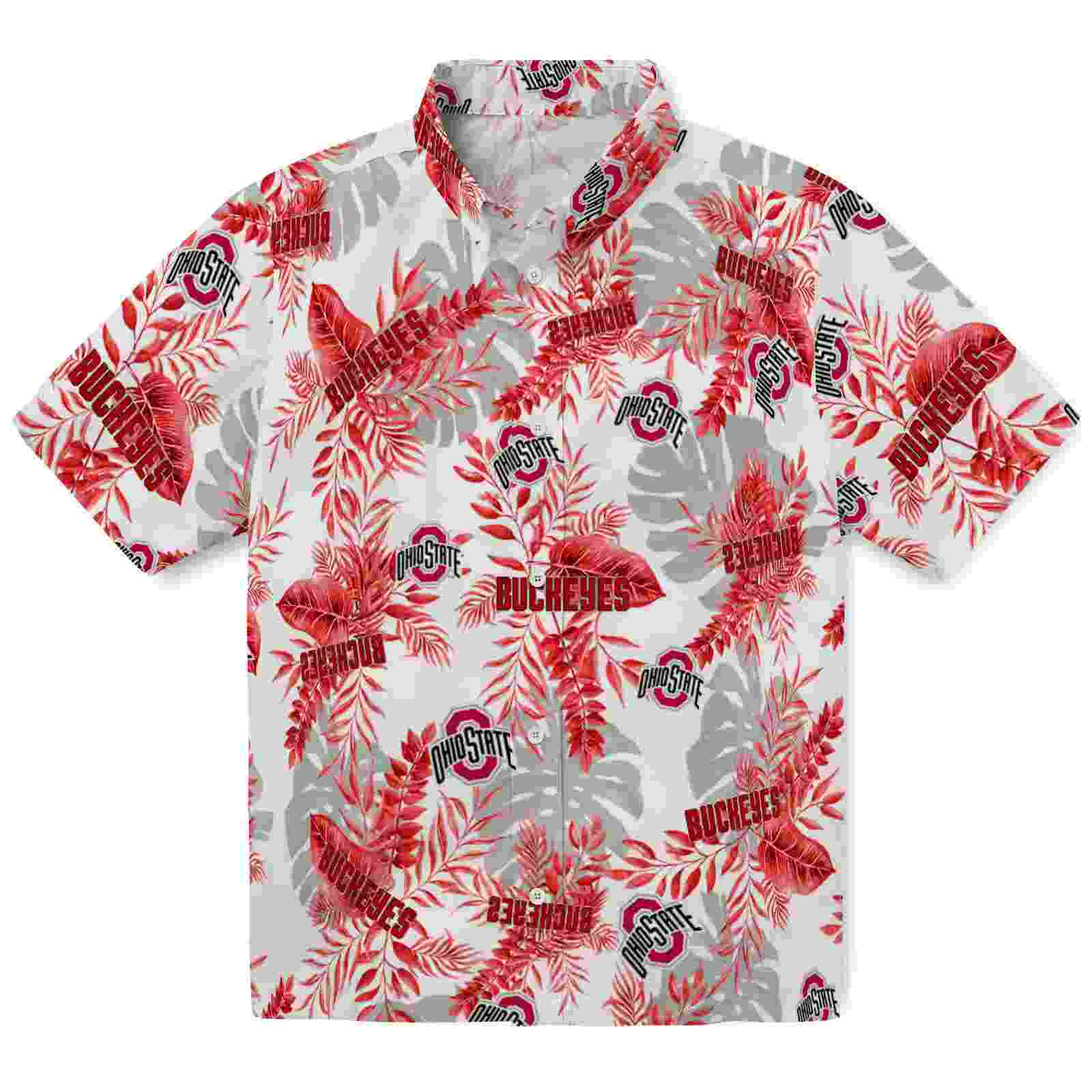 Ohio State Buckeyes Tropical Leaves White Hawaiian Shirt