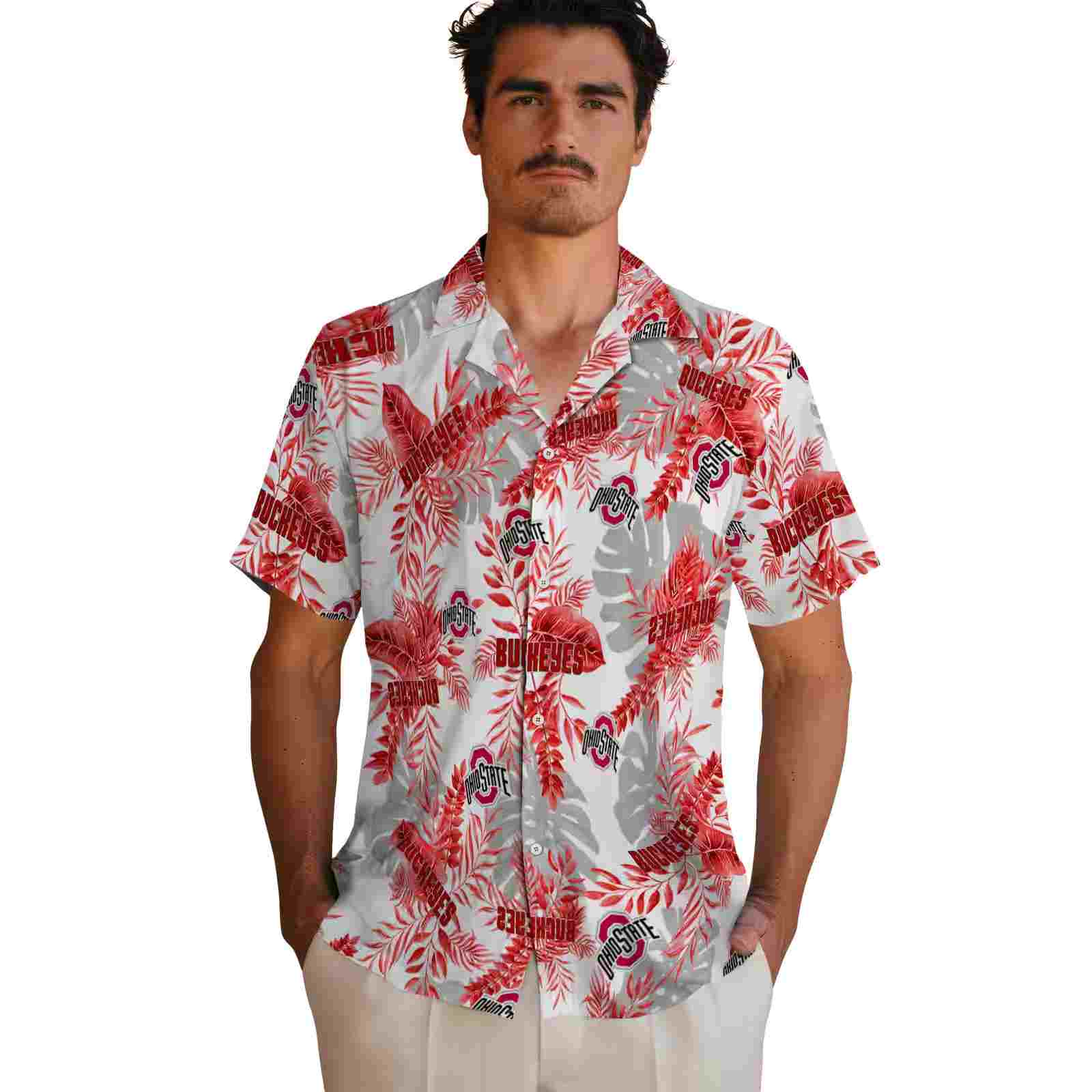 ohio state buckeyes tropical leaves white hawaiian shirt fashion forward