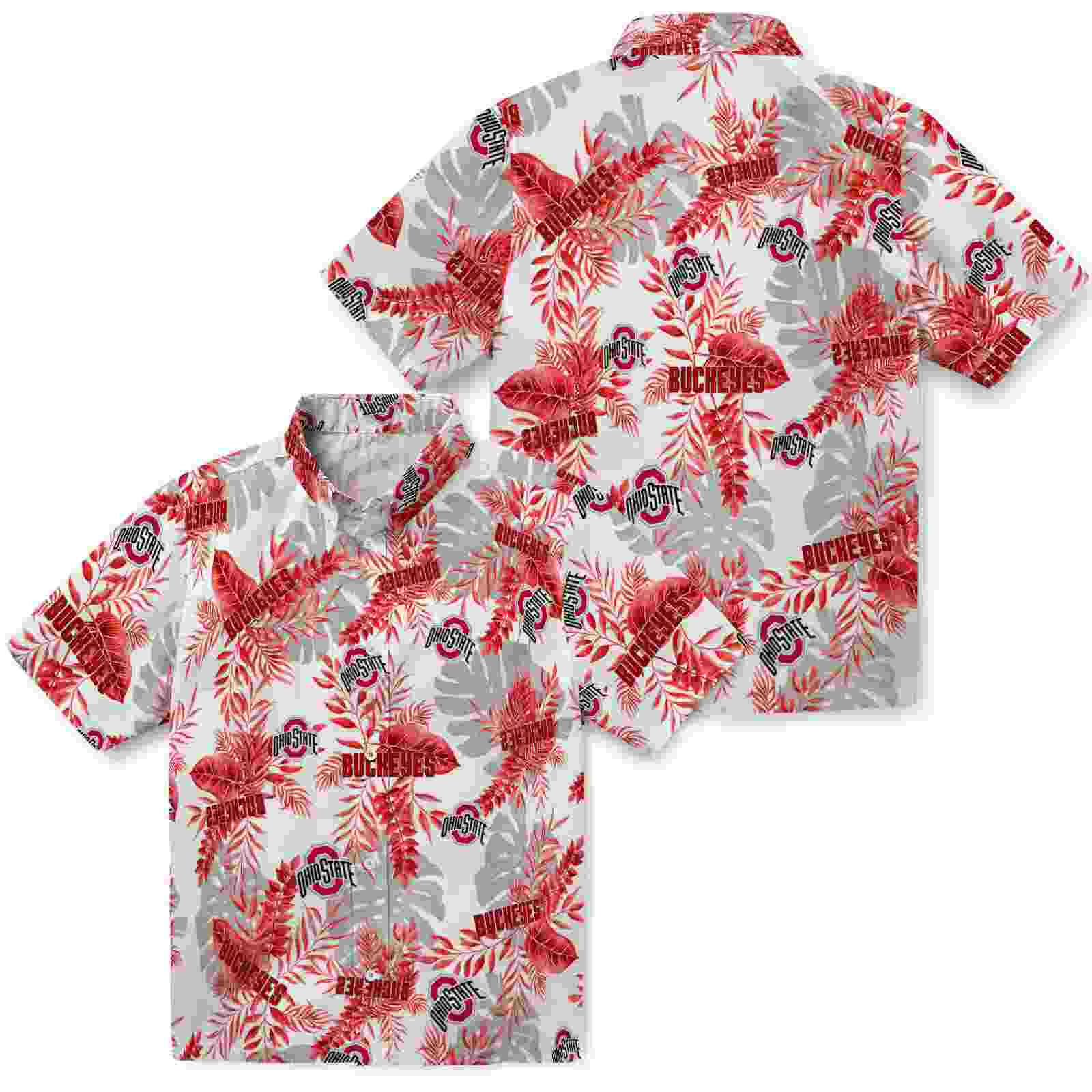 ohio state buckeyes tropical leaves white hawaiian shirt high quality