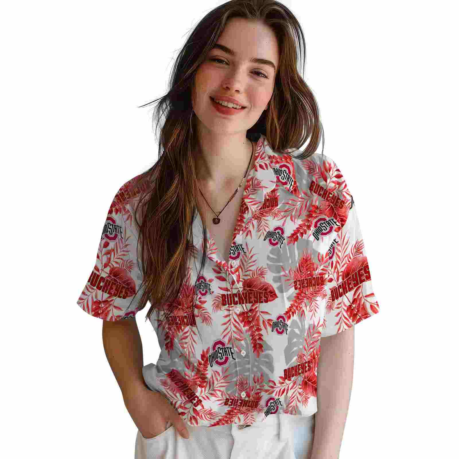 ohio state buckeyes tropical leaves white hawaiian shirt latest model