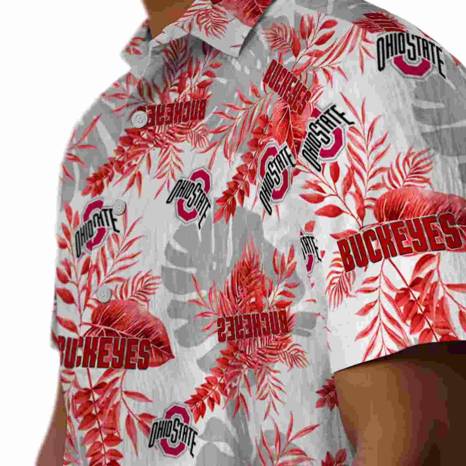 ohio state buckeyes tropical leaves white hawaiian shirt trendy