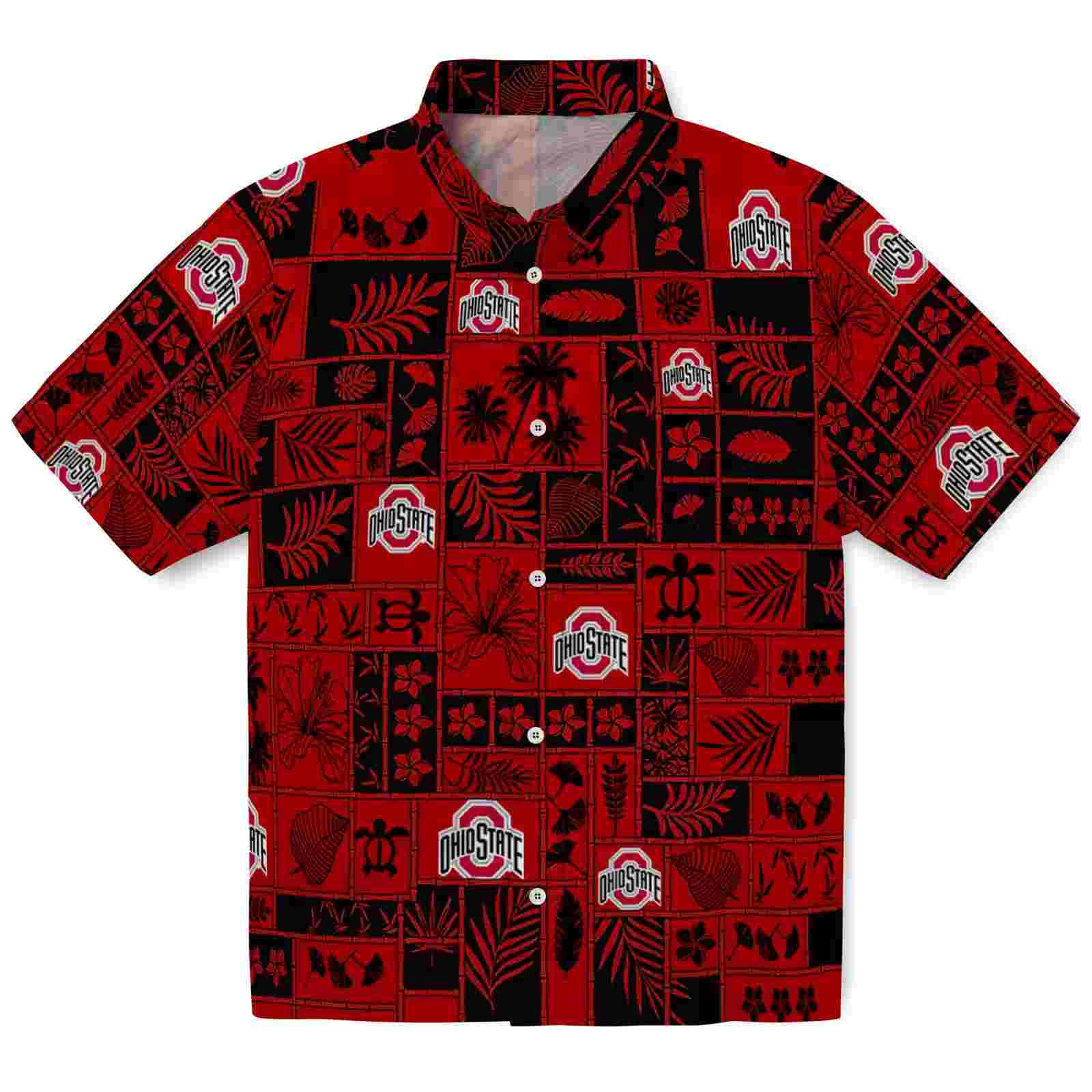 Ohio State Buckeyes Tropical Patchwork Scarlet Black Hawaiian Shirt