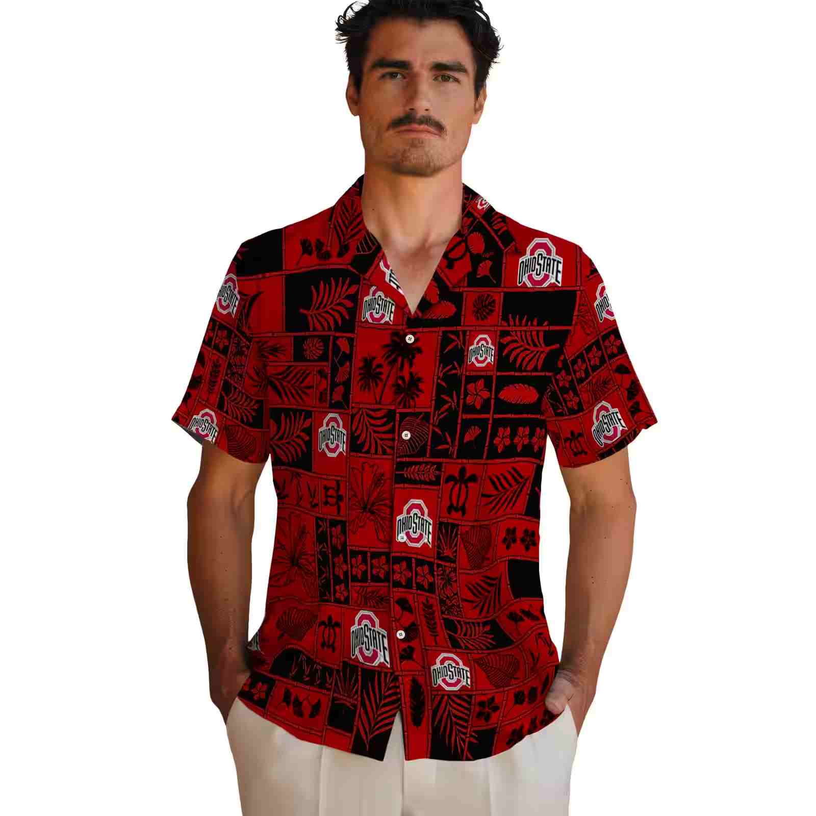 ohio state buckeyes tropical patchwork scarlet black hawaiian shirt fashion forward