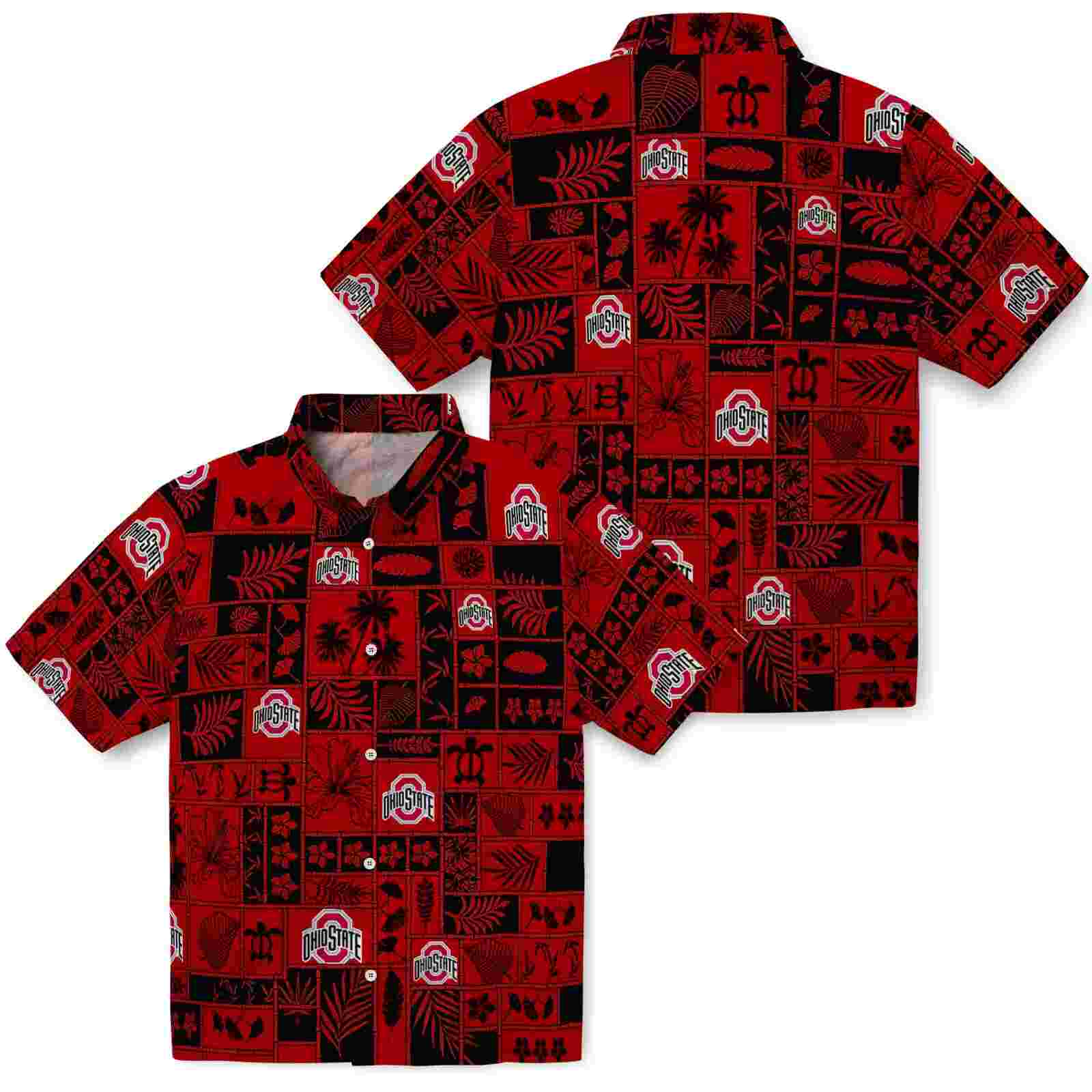 ohio state buckeyes tropical patchwork scarlet black hawaiian shirt high quality