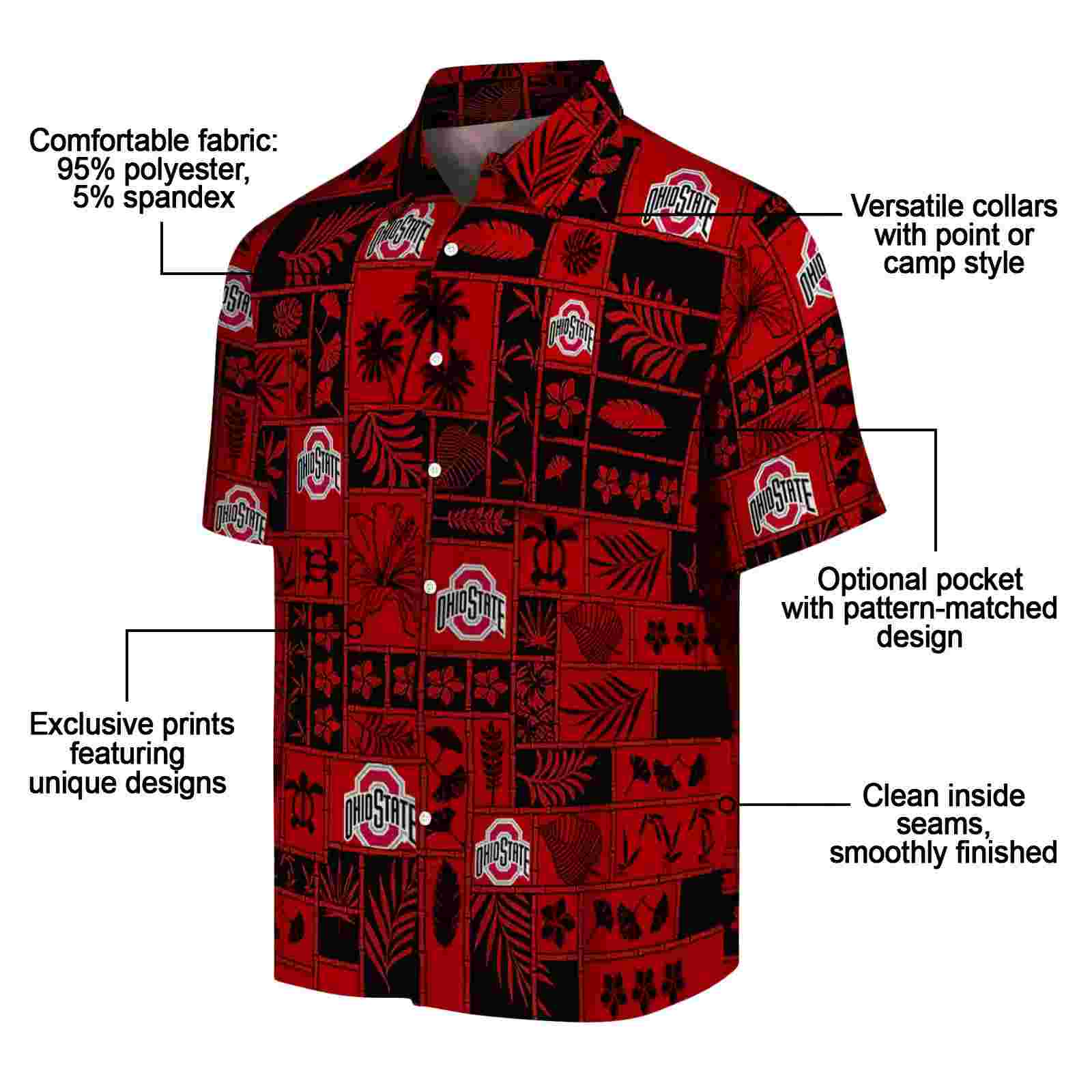 ohio state buckeyes tropical patchwork scarlet black hawaiian shirt new arrival