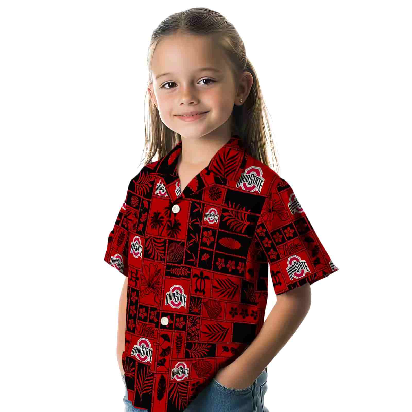 ohio state buckeyes tropical patchwork scarlet black hawaiian shirt premium grade