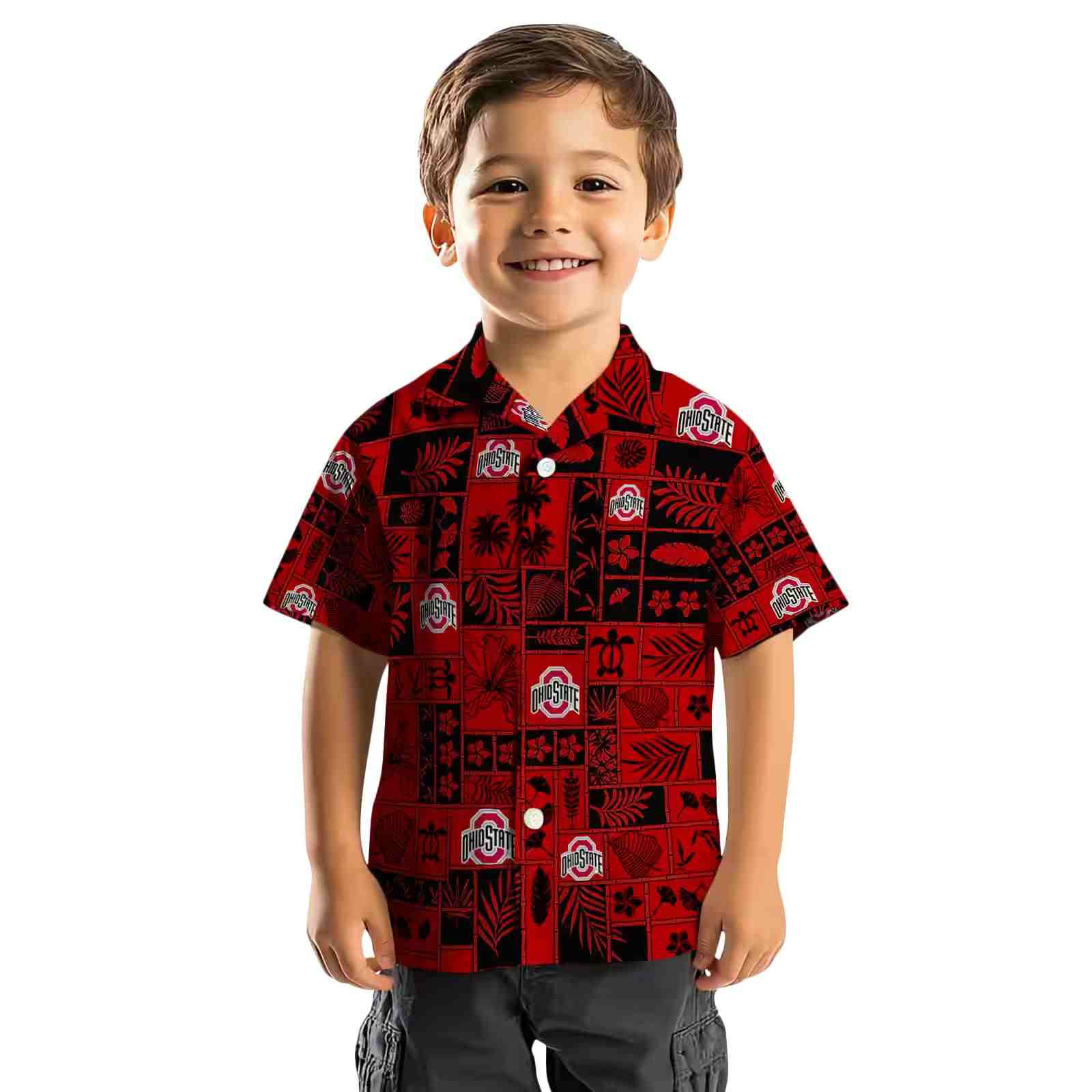 ohio state buckeyes tropical patchwork scarlet black hawaiian shirt top rated