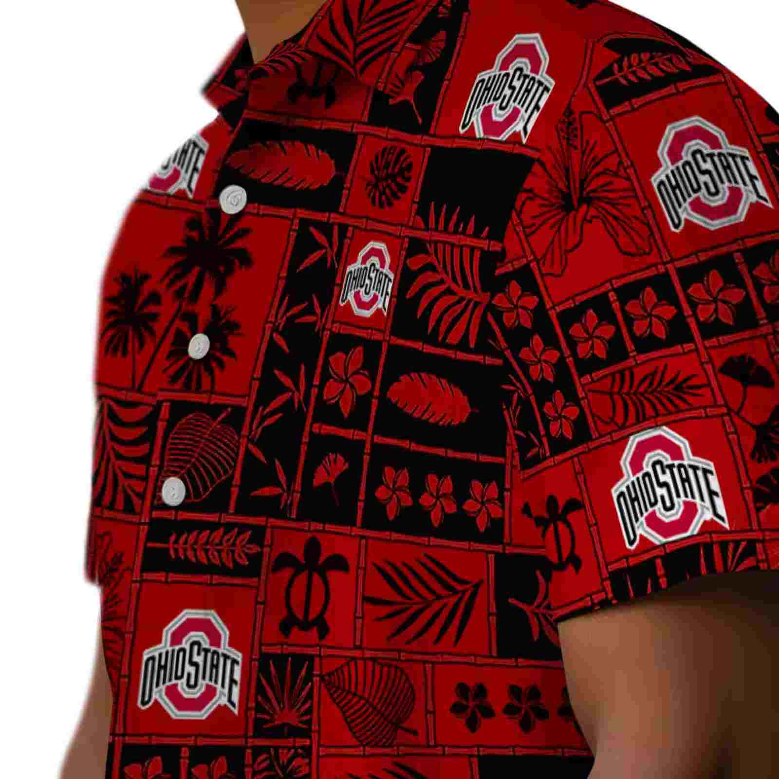 ohio state buckeyes tropical patchwork scarlet black hawaiian shirt trendy