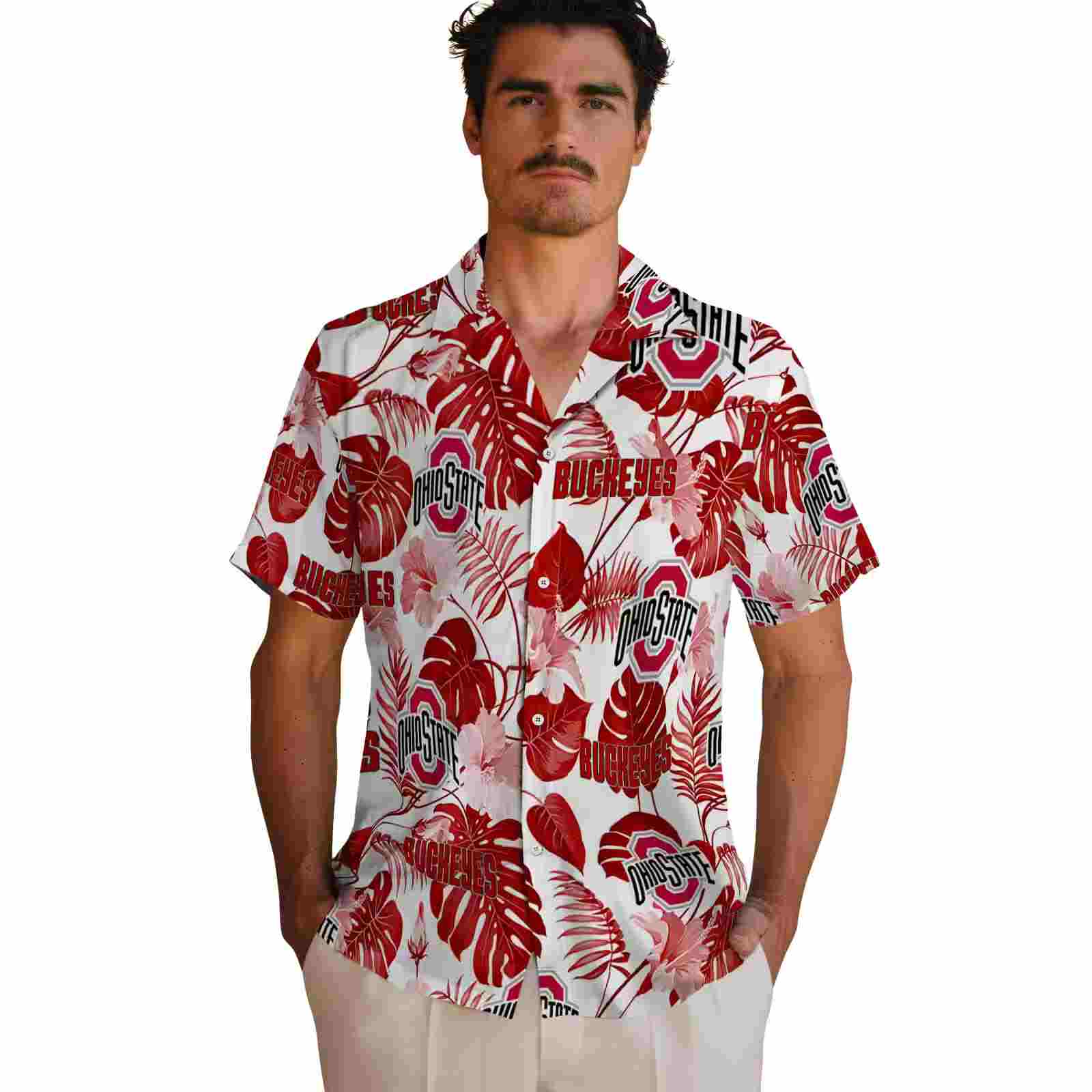 ohio state buckeyes tropical plants scarlet white hawaiian shirt fashion forward