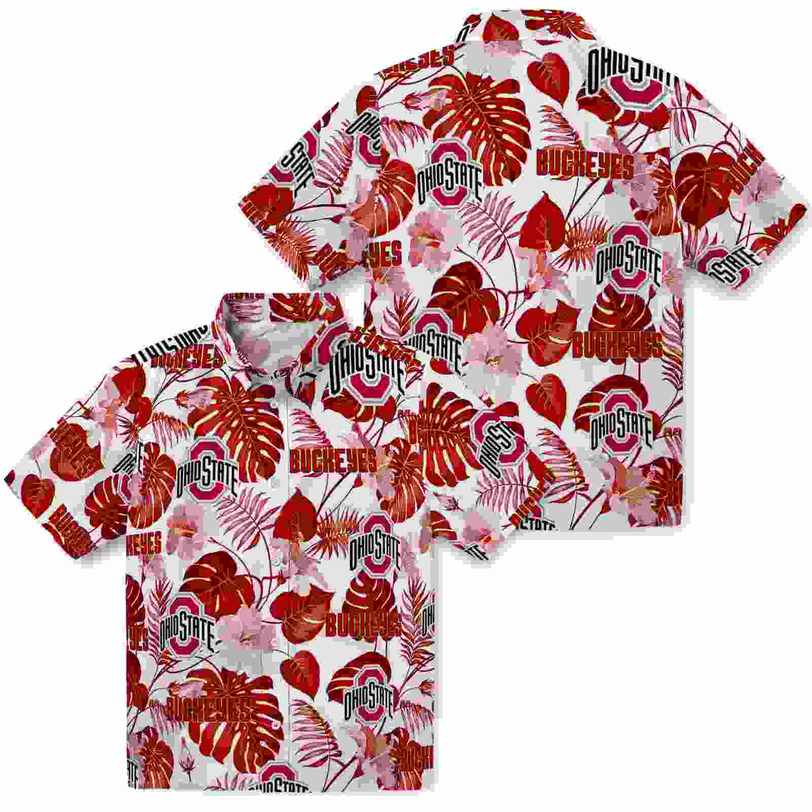 ohio state buckeyes tropical plants scarlet white hawaiian shirt high quality