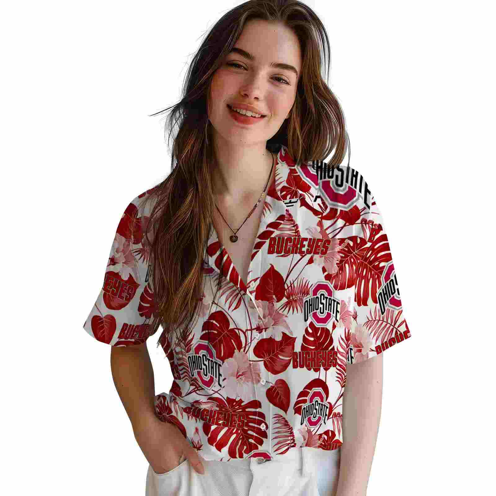 ohio state buckeyes tropical plants scarlet white hawaiian shirt latest model