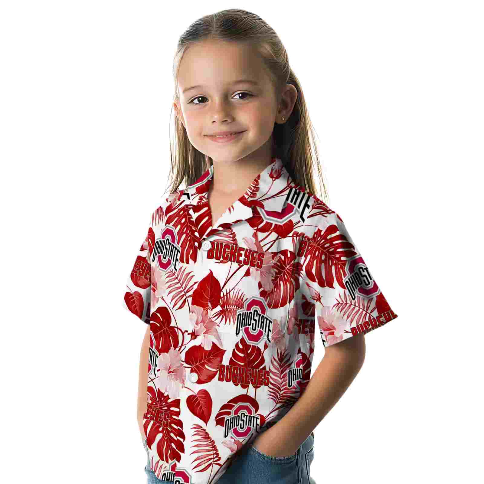 ohio state buckeyes tropical plants scarlet white hawaiian shirt premium grade