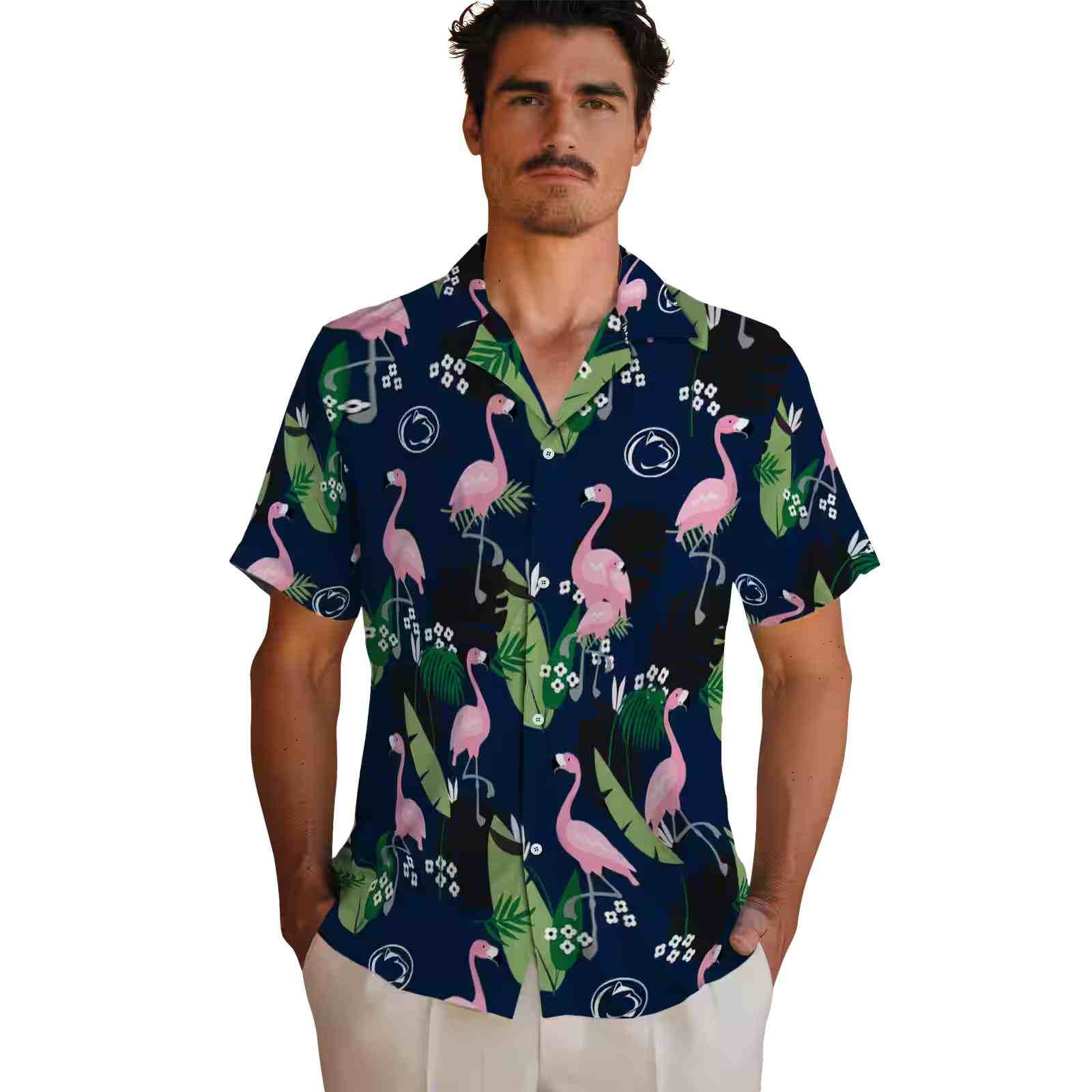 penn state nittany lions flamingo leaf motif blue hawaiian shirt fashion forward