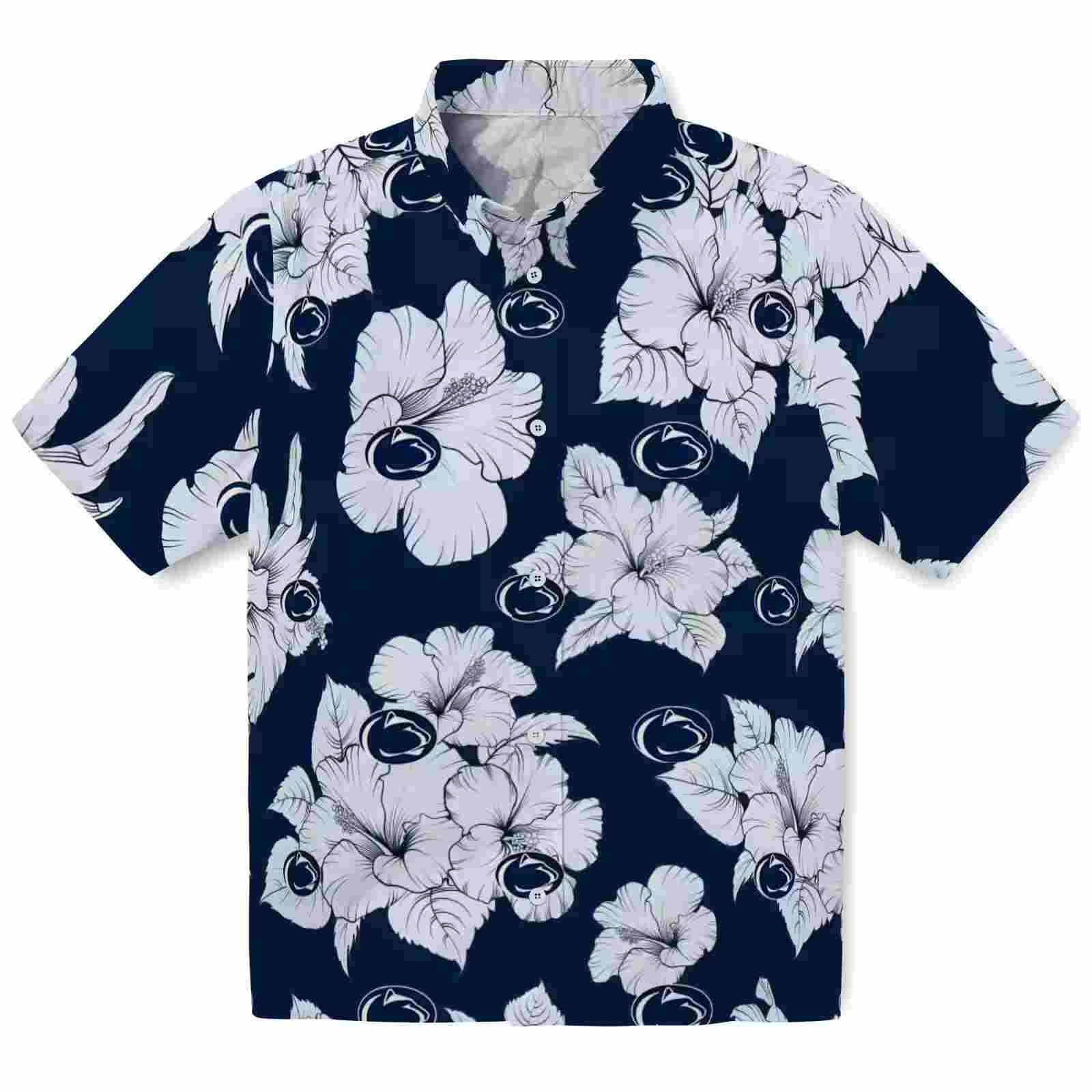 Penn State Nittany Lions Hibiscus Blooms Blue White Hawaiian Shirt