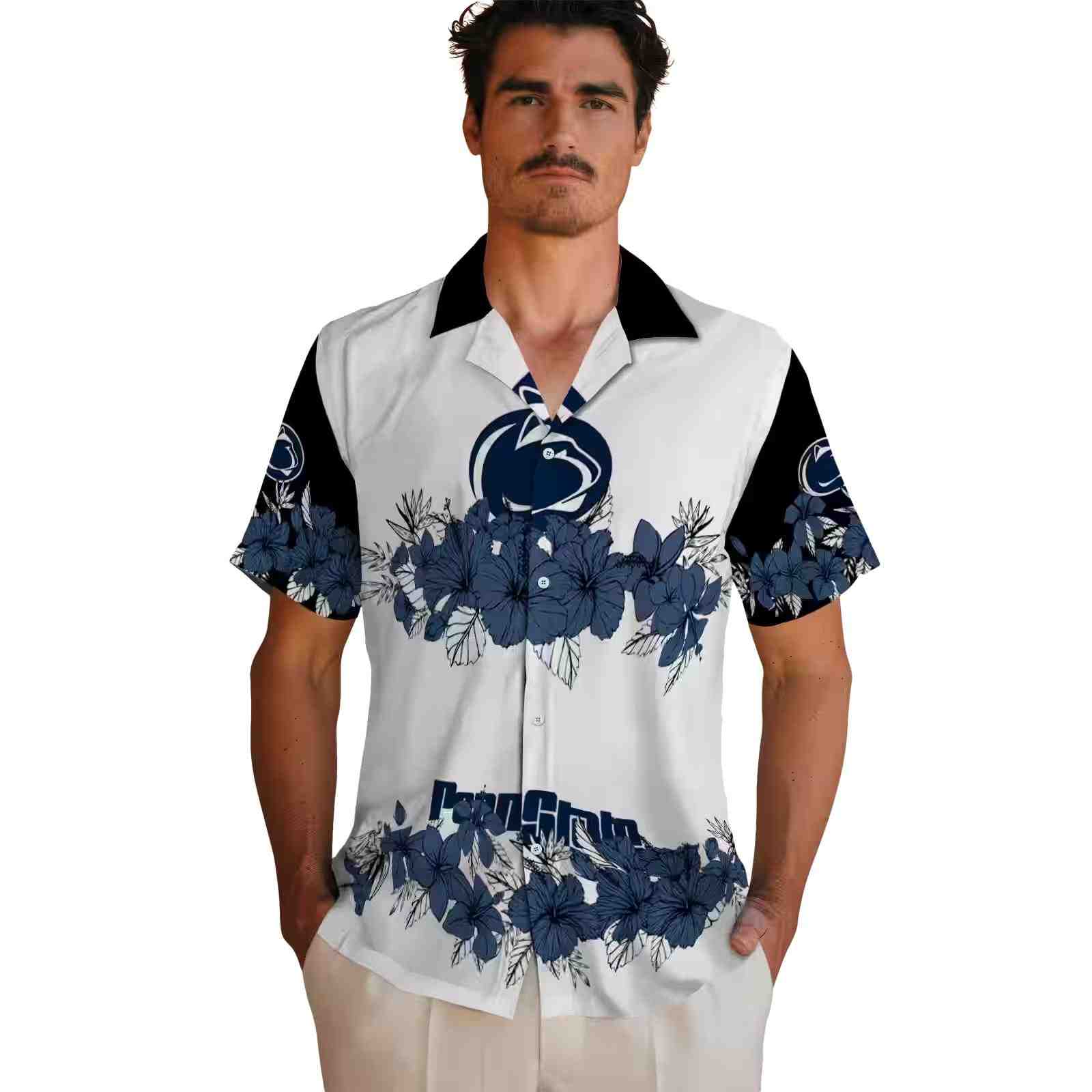 penn state nittany lions hibiscus stripe blue black hawaiian shirt fashion forward