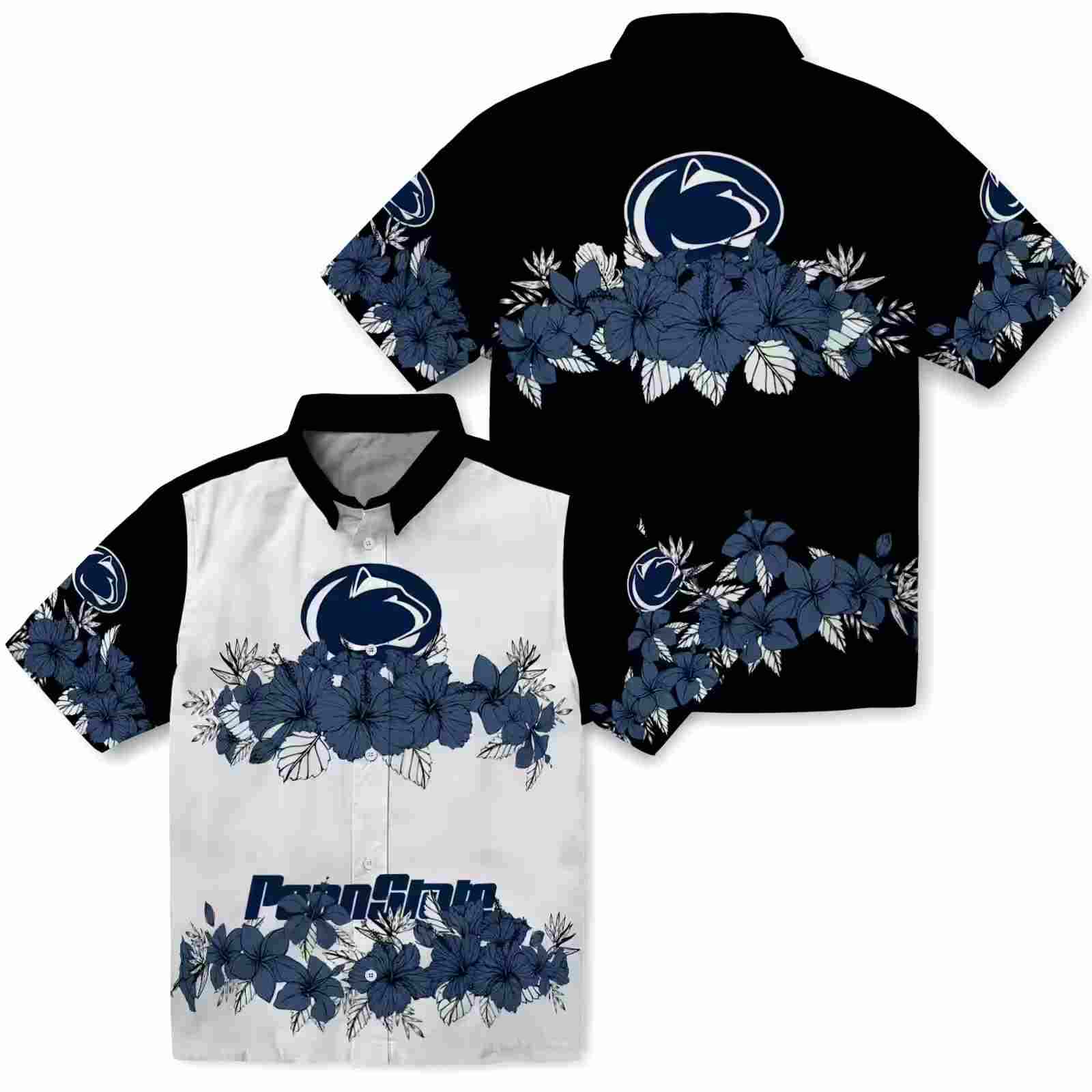 penn state nittany lions hibiscus stripe blue black hawaiian shirt high quality