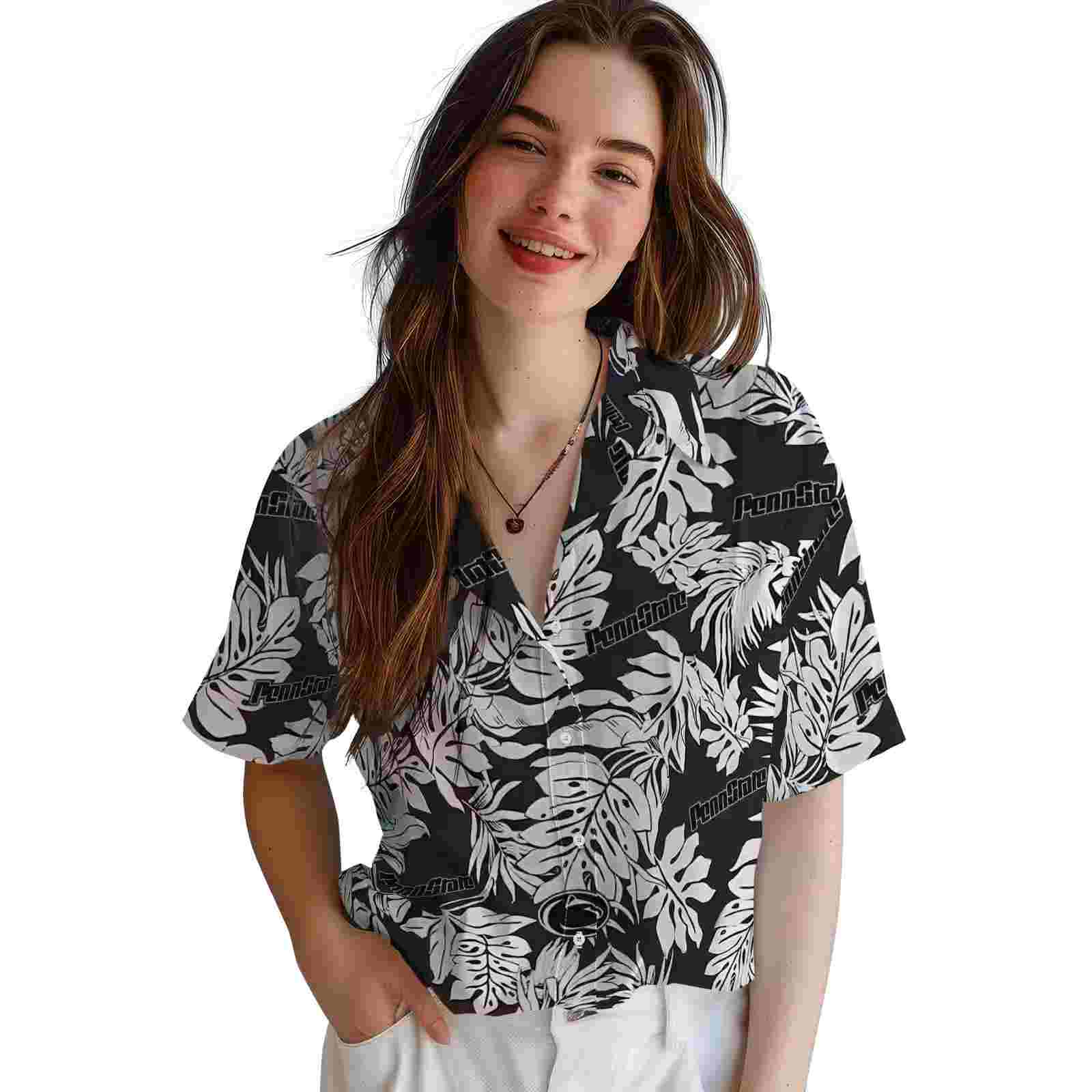 penn state nittany lions monstera leaf pattern black hawaiian shirt latest model