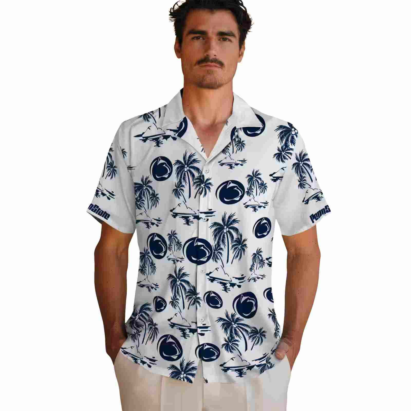 penn state nittany lions palm island print blue white hawaiian shirt fashion forward