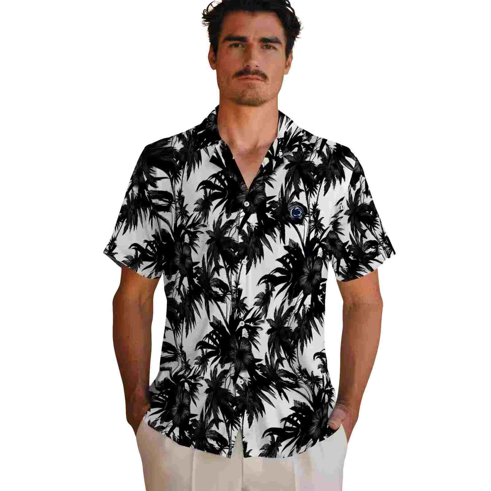 penn state nittany lions palm motifs black white hawaiian shirt fashion forward