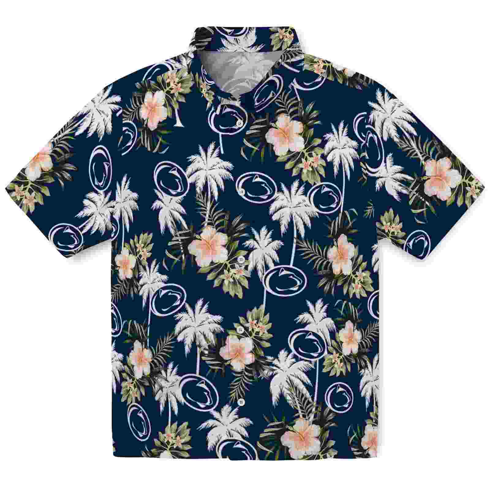 Penn State Nittany Lions Palm Tree Flower Blue Hawaiian Shirt