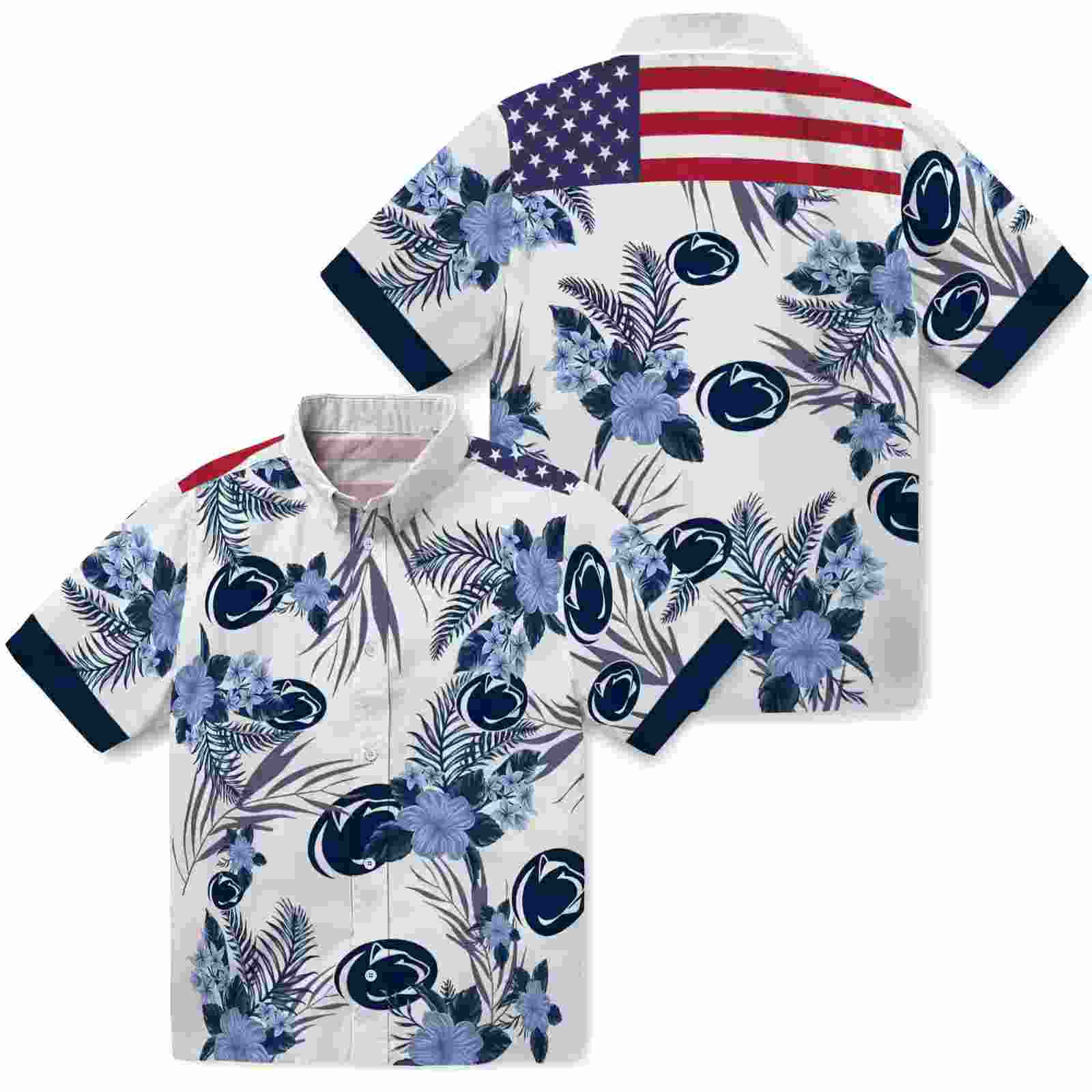 penn state nittany lions patriotic hibiscus design blue white hawaiian shirt high quality