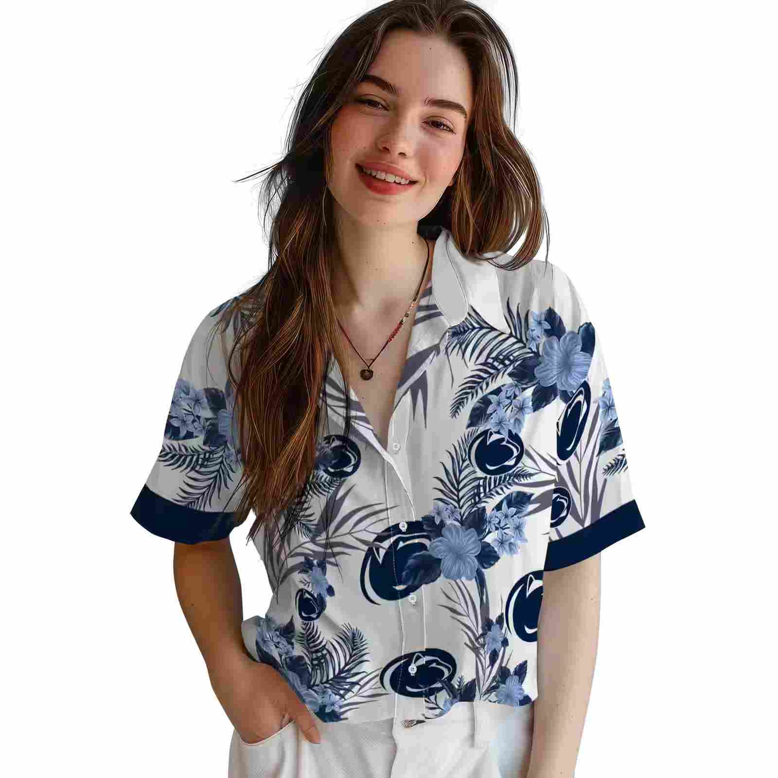 penn state nittany lions patriotic hibiscus design blue white hawaiian shirt latest model