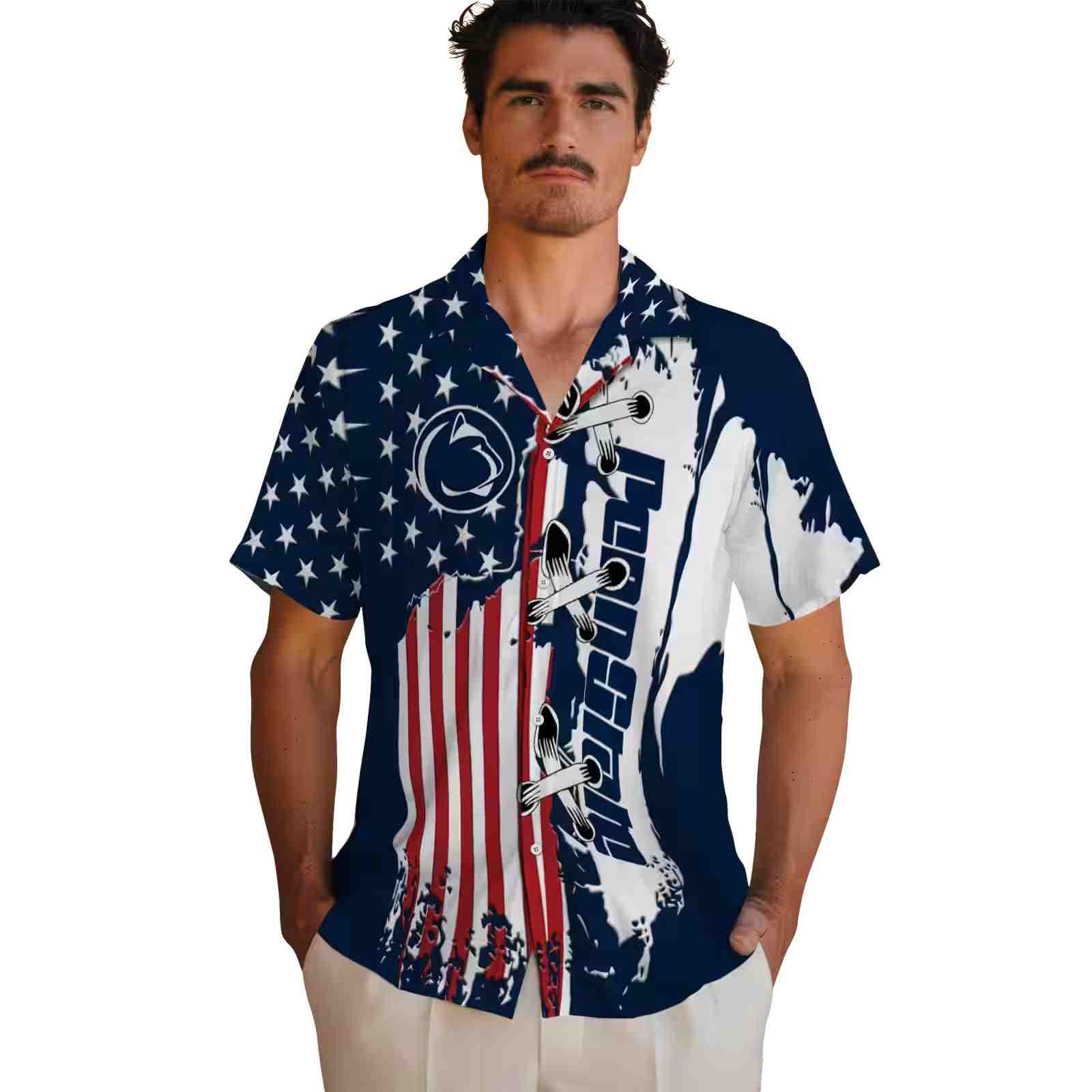 penn state nittany lions stitched flag blue hawaiian shirt fashion forward