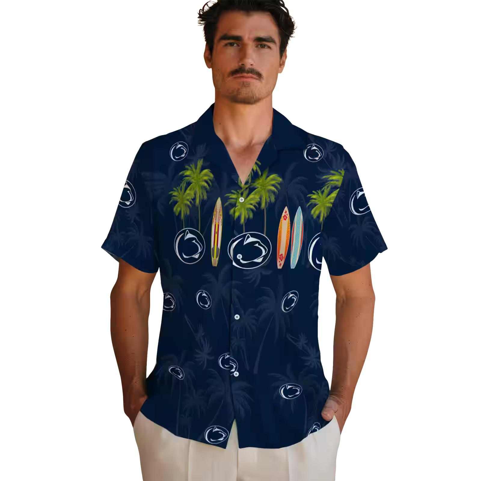 penn state nittany lions surfboard palm blue hawaiian shirt fashion forward