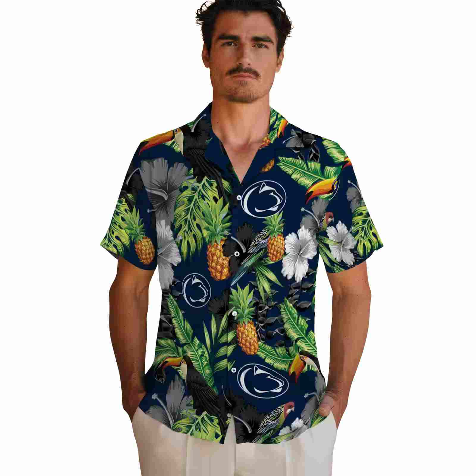 penn state nittany lions toucan hibiscus pineapple blue green hawaiian shirt fashion forward