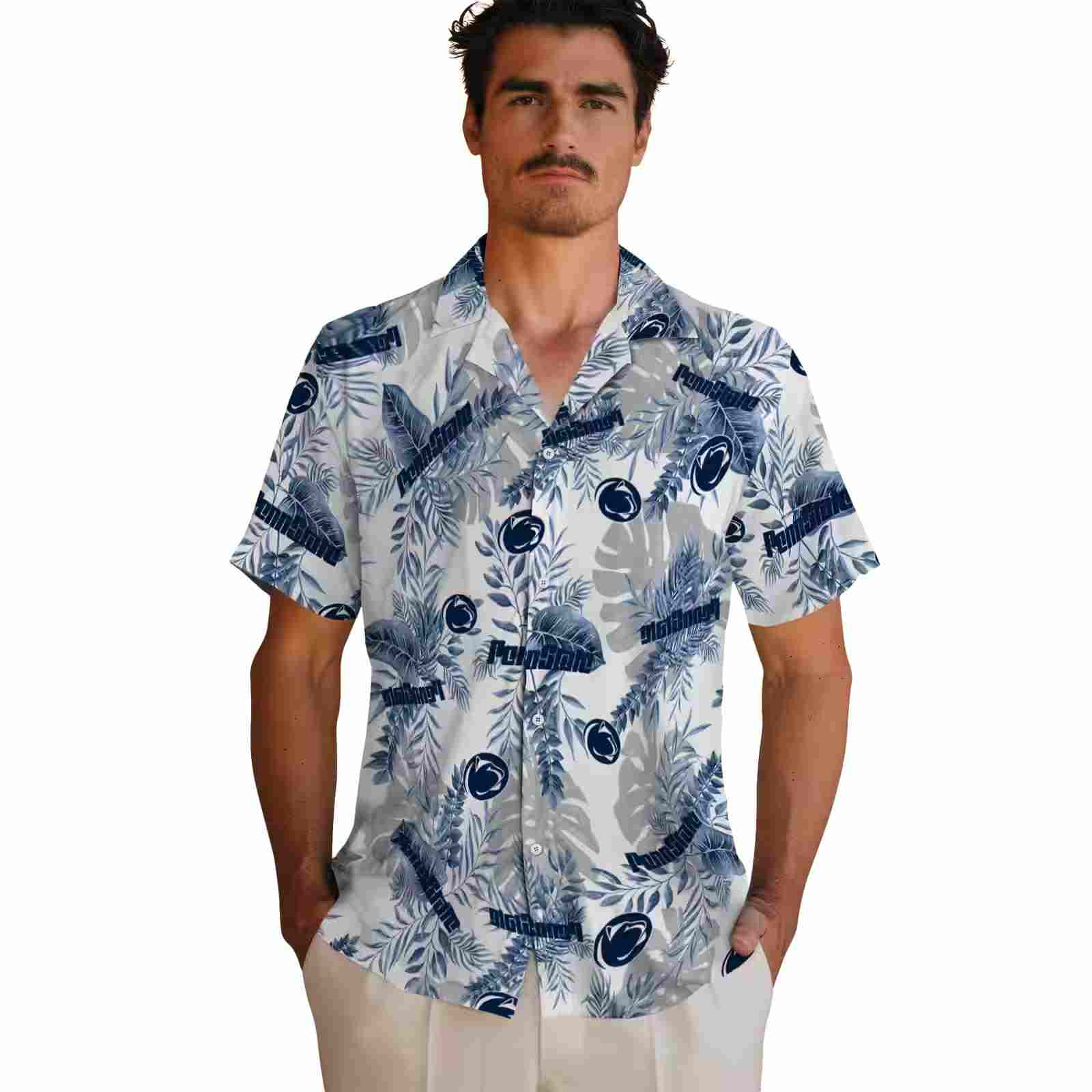 penn state nittany lions tropical leaves white hawaiian shirt fashion forward