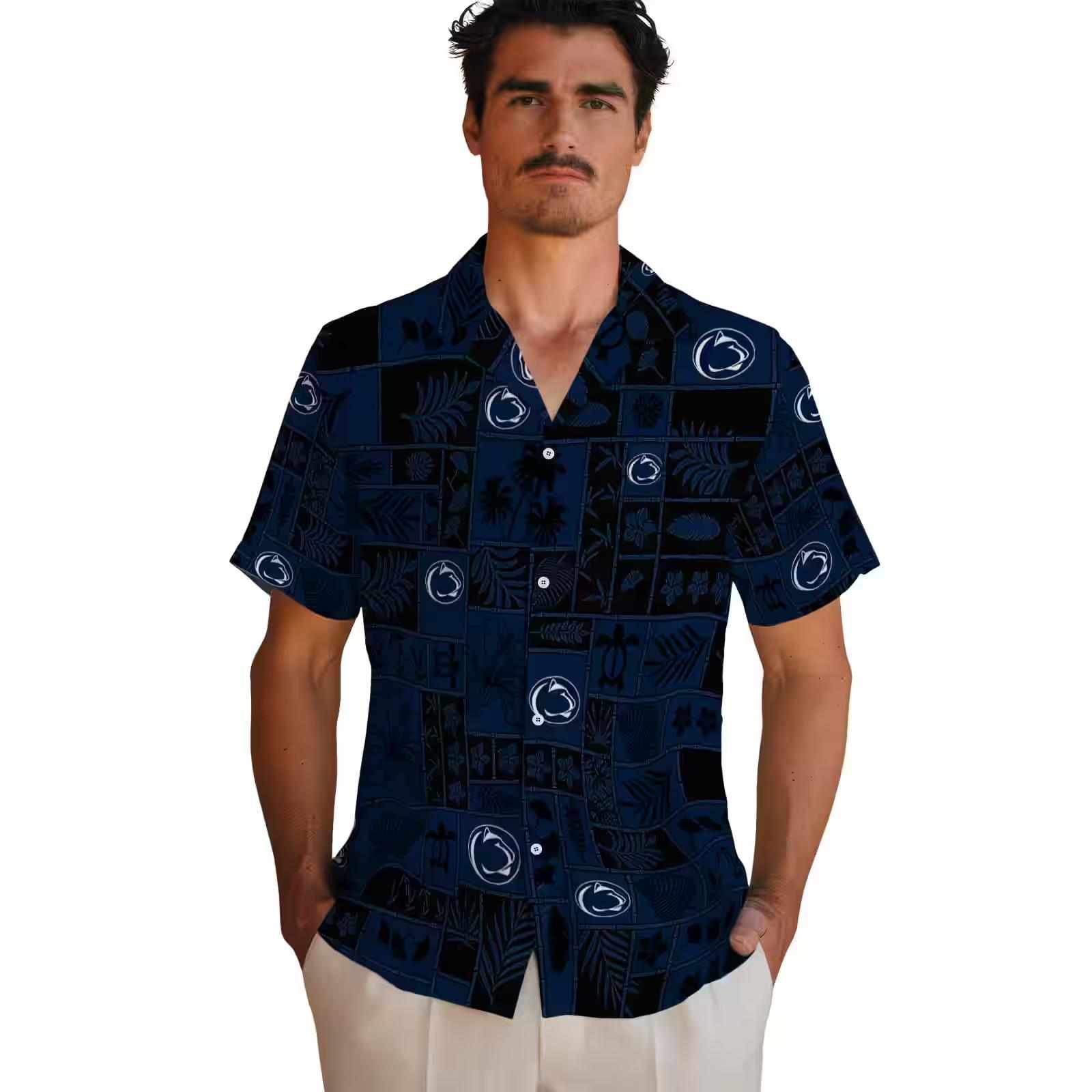 penn state nittany lions tropical patchwork blue black hawaiian shirt fashion forward