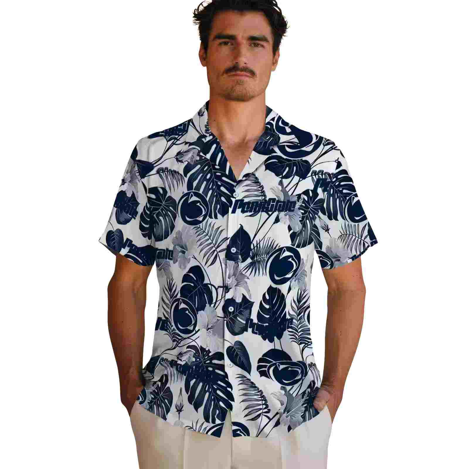 penn state nittany lions tropical plants blue white hawaiian shirt fashion forward