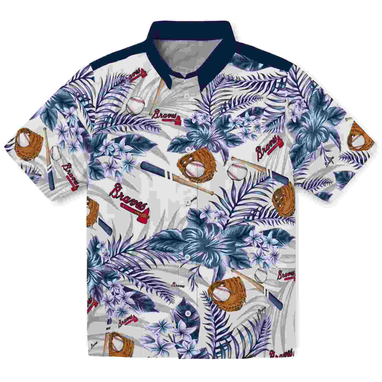 Personalized Atlanta Braves Floral Baseball Navy White Hawaiian Shirt