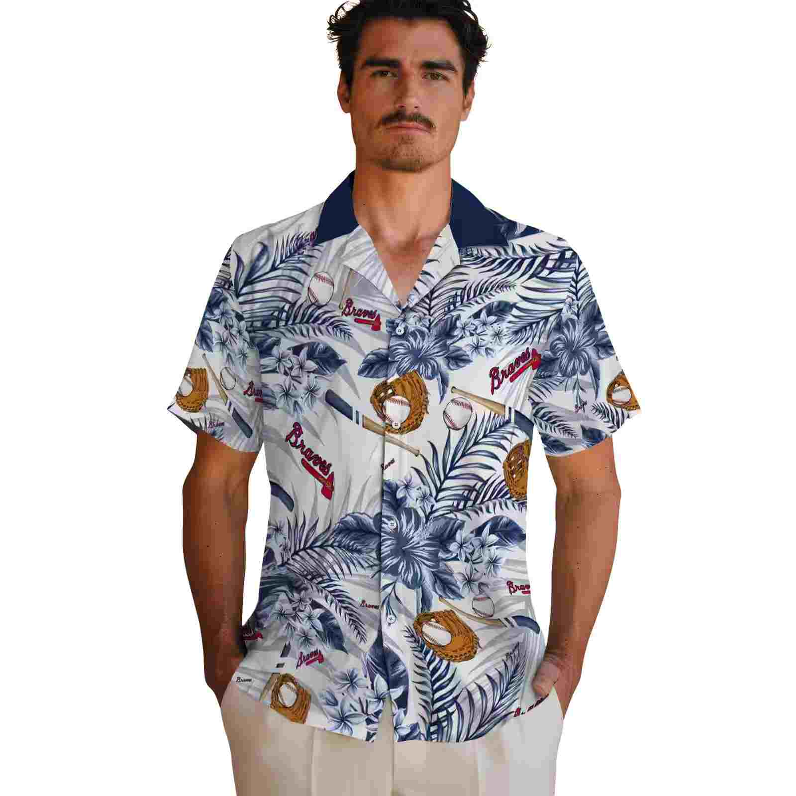 personalized atlanta braves floral baseball navy white hawaiian shirt fashion forward